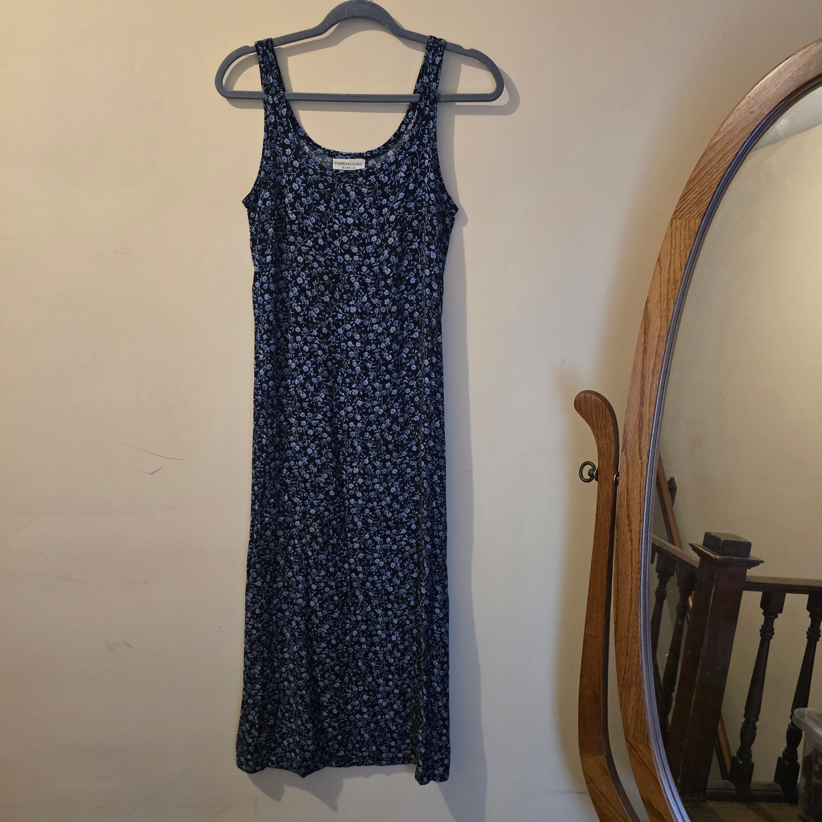 Faded Glory Vintage 90s Floral Rayon Sleeveless Midi Dress Blue Medium FG2182A