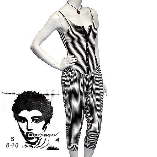 80s vtg BETSEY JOHNSON Black White PUNK LABEL Striped SNAPS Jumpsuit Catsuit S
