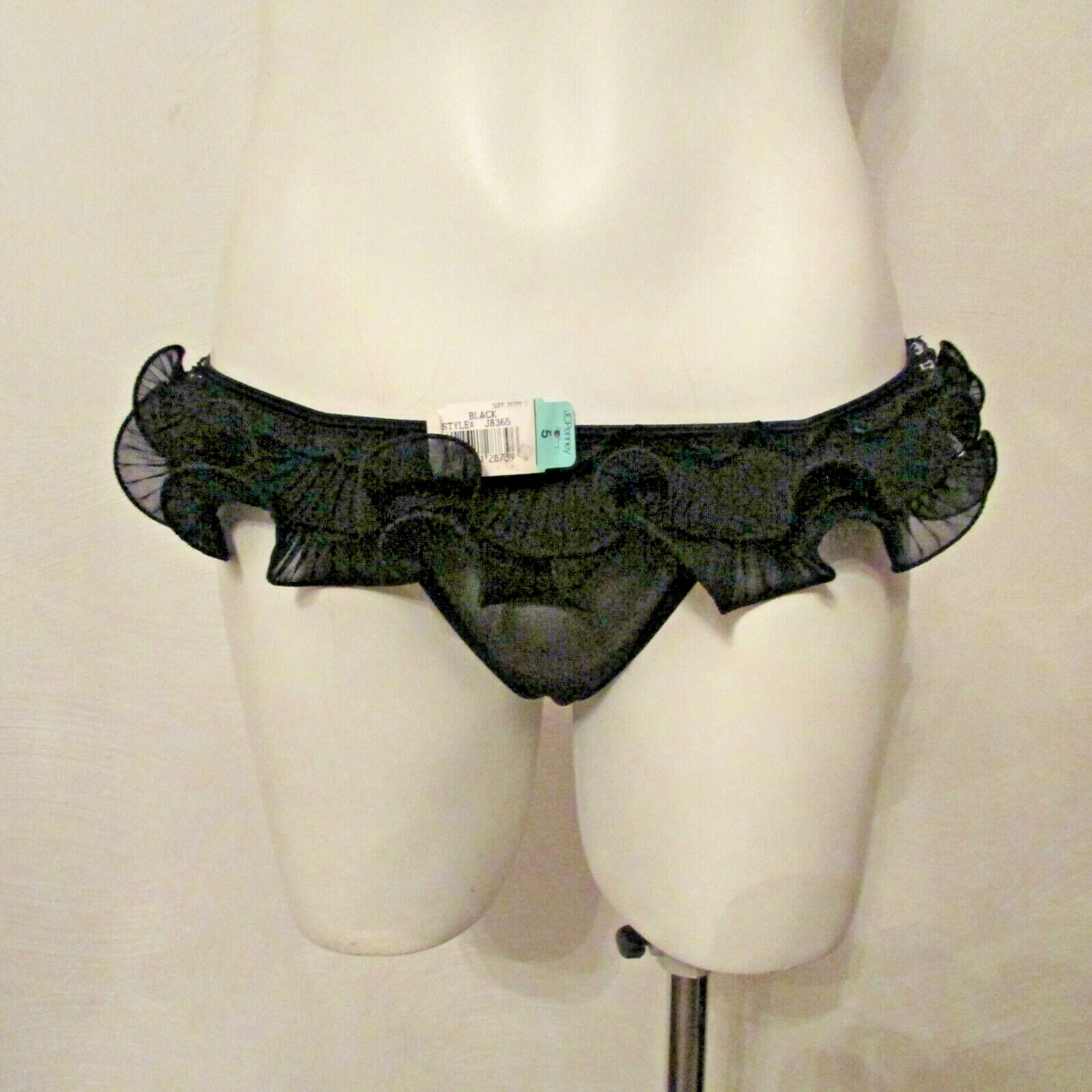 JC Penney Delicates J8365 Black Nylon Ruffled V-G-String Bikini Thong Panties 5