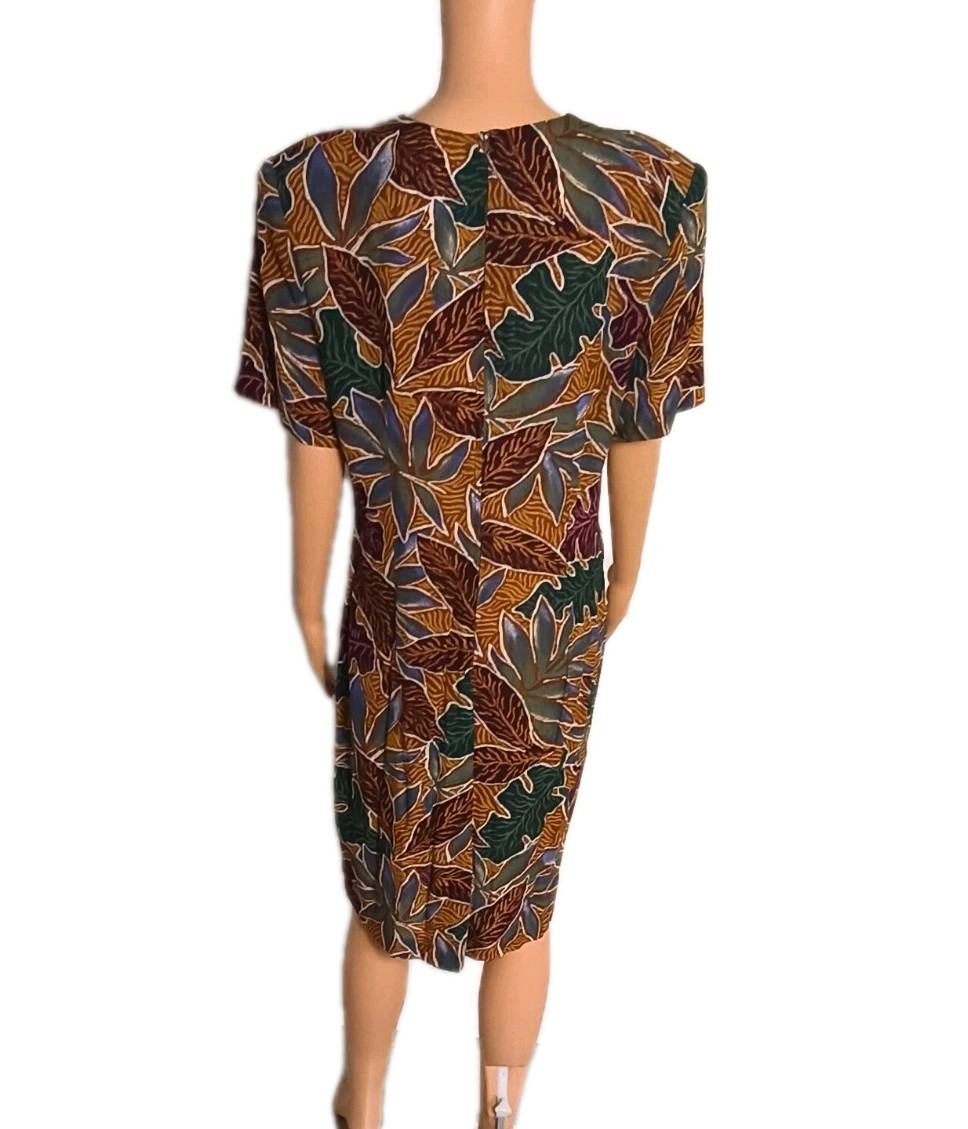 Vintage 80s/90s Tropical Leaf Midi Dress Alexis Fashions 100% Rayon Size 11 / 12