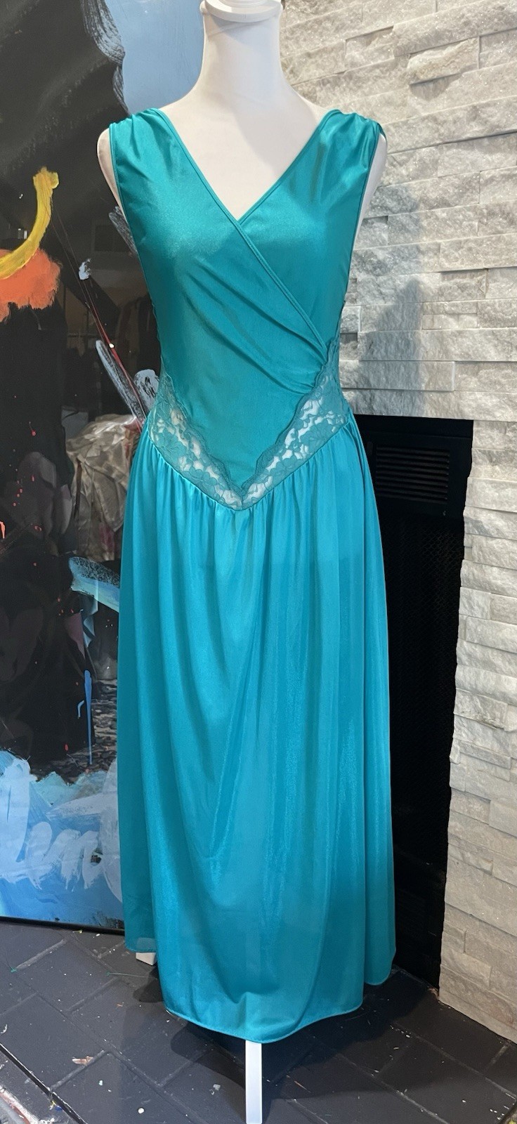 VTG Adonna Teal V Neck Nylon And Lace Silky Night Gown Lingerie Size Medium