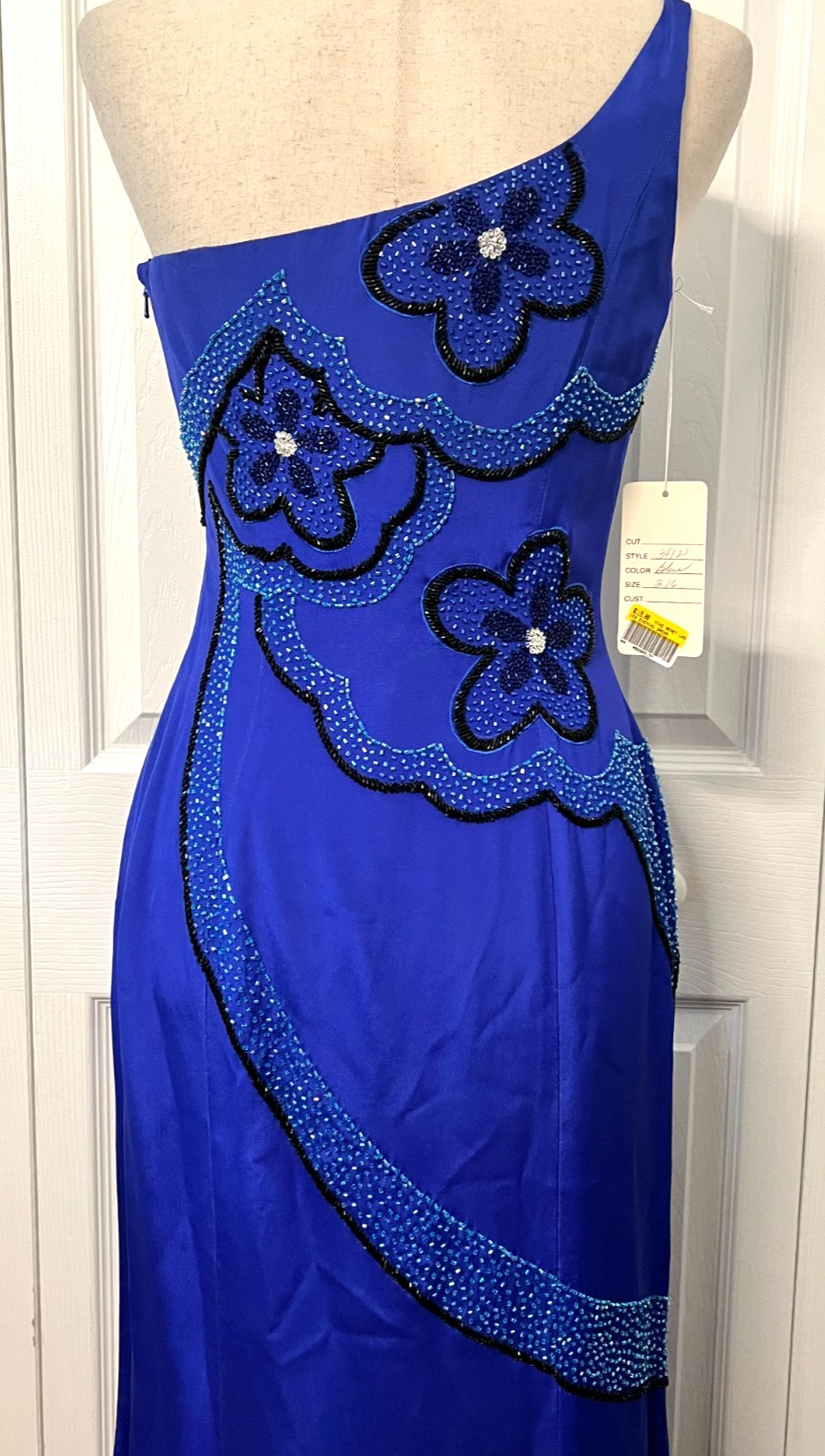 Vtg MIKE BENET FORMALS Sz 8 100% Silk Long Gown Dress Blue Floral Beaded Prom