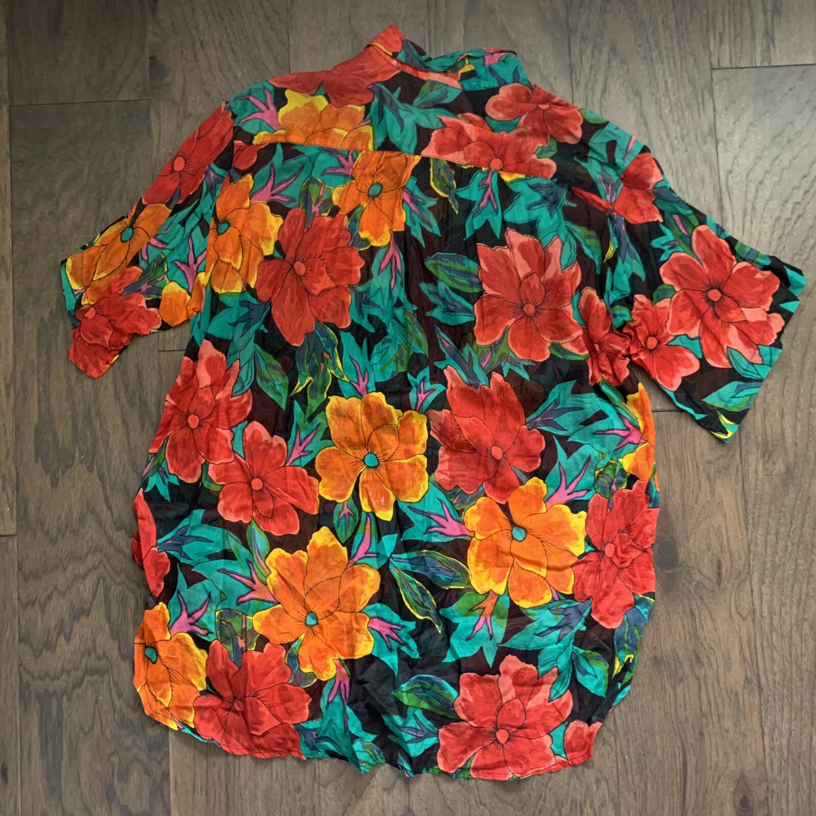 VTG 90s Bright Loud Floral Tropical Button Up Shirt Semi Sheer Blouse Womens S