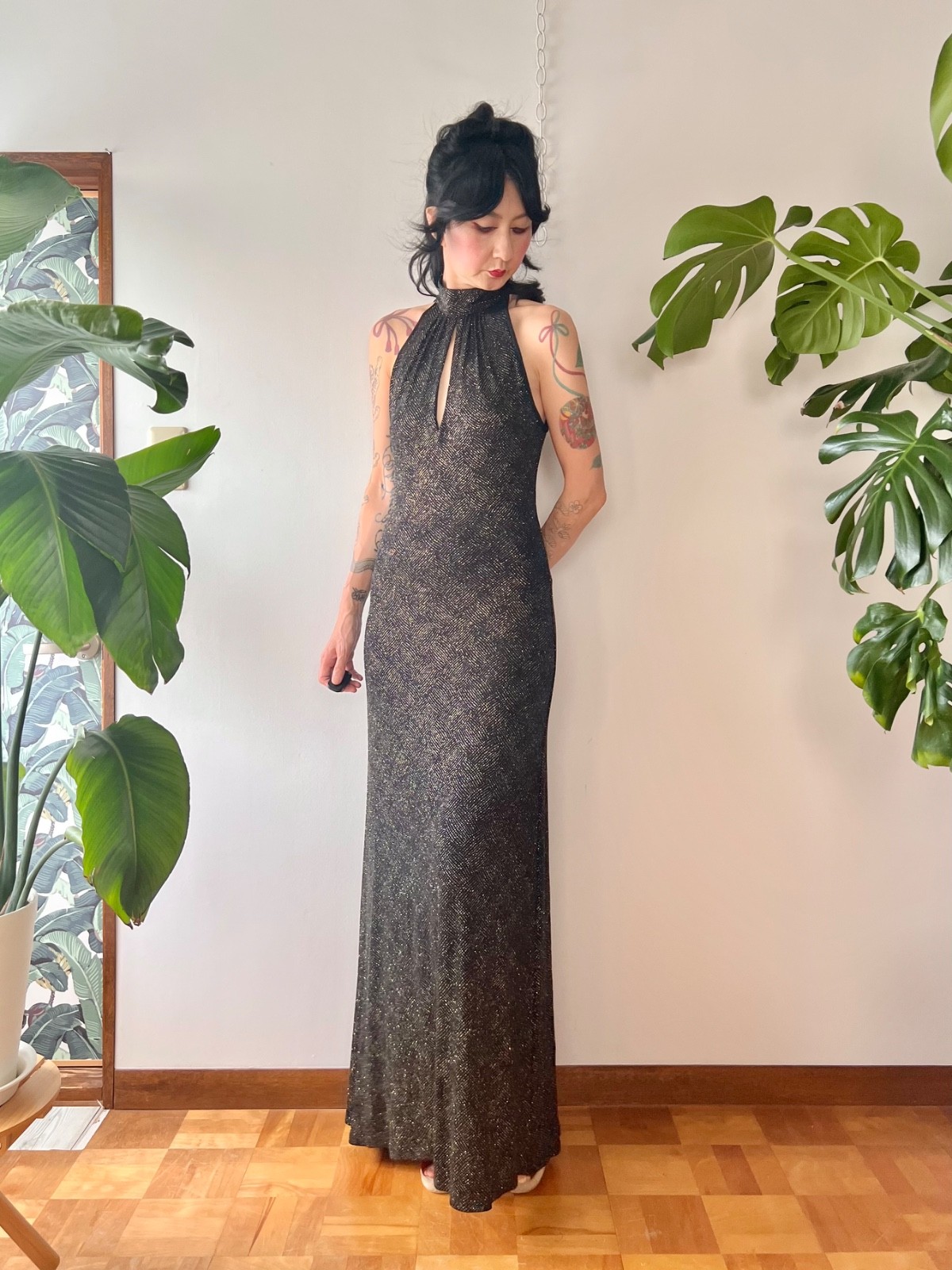 90s Does 70s Caché Open Back Black Glitter Keyhole Halter Maxi Dress Disco Gown