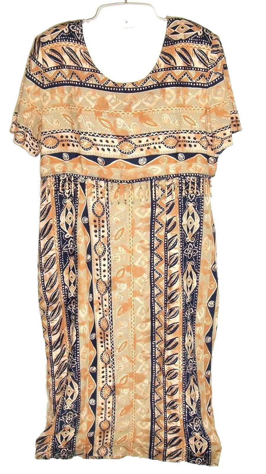 Vintage Dress BETSY LAUREN Petites Tiered Wooden Beads Rayon Boho Tribal Size 14
