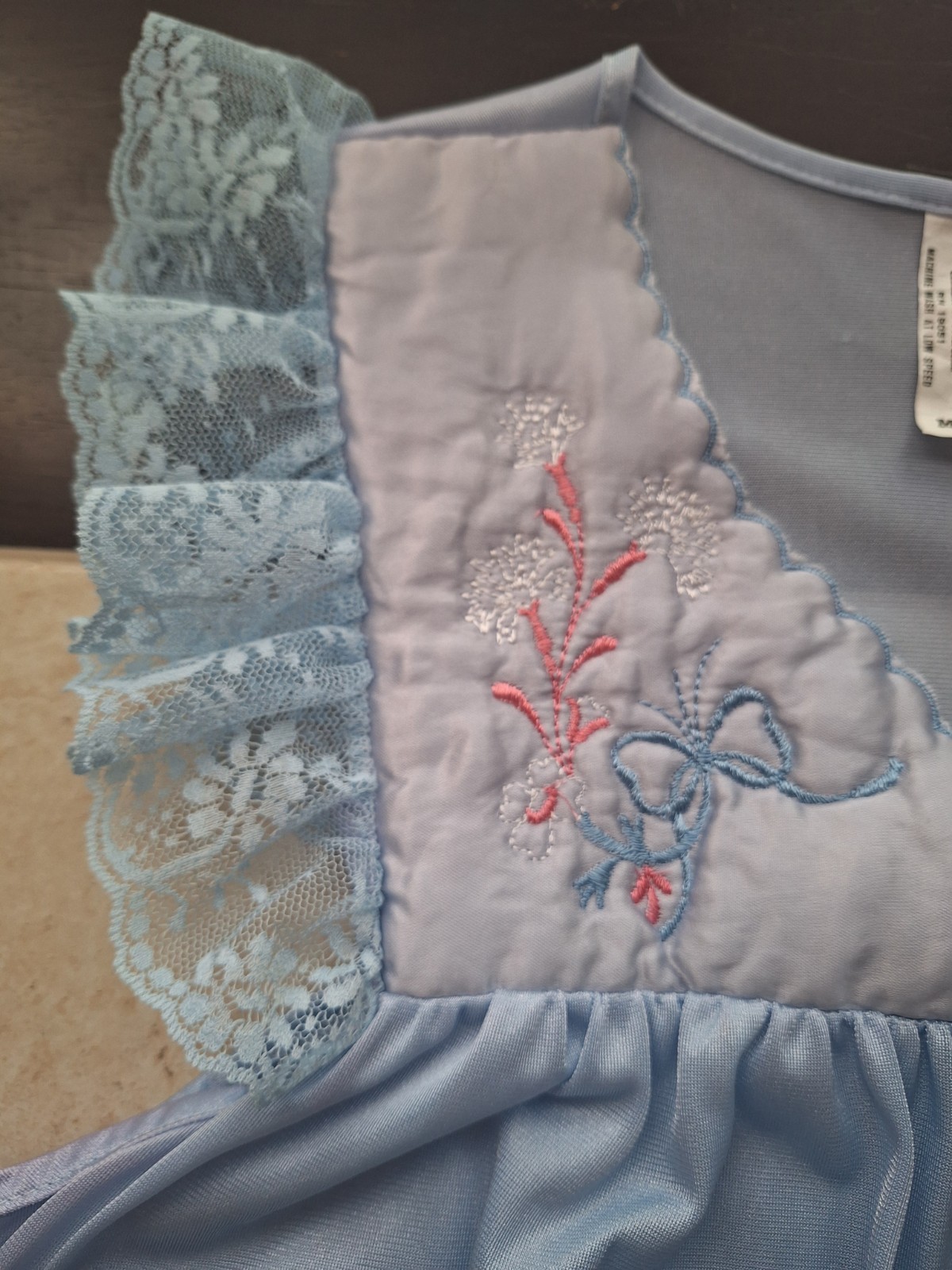 VTG Paramount Underwear Co Nylon Nightgown M Blue Lace&Floral Details Coquette