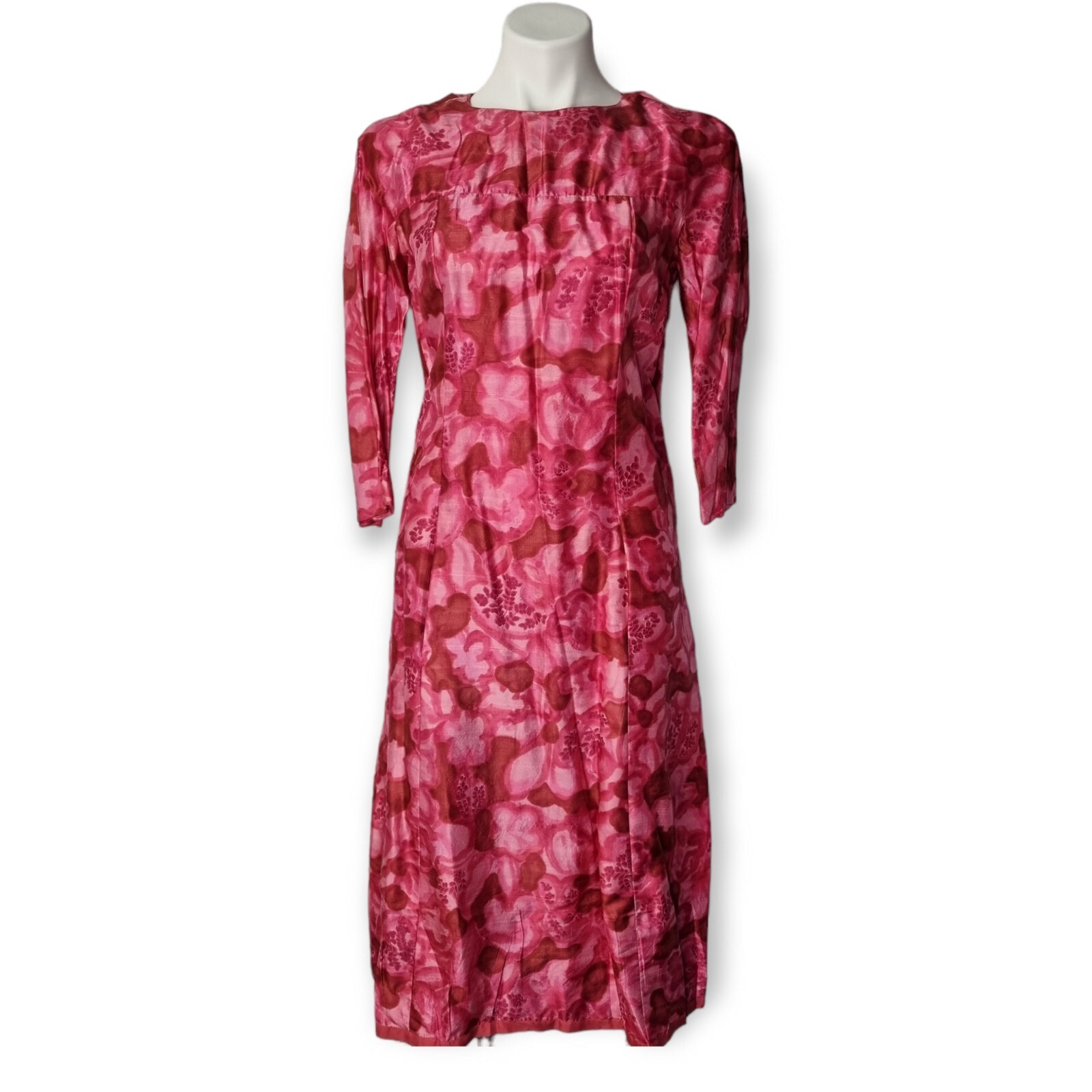 VTG Handmade Mod Dress Sheath Shift Red Pink Floral Silk MCM Cocktail Sz S