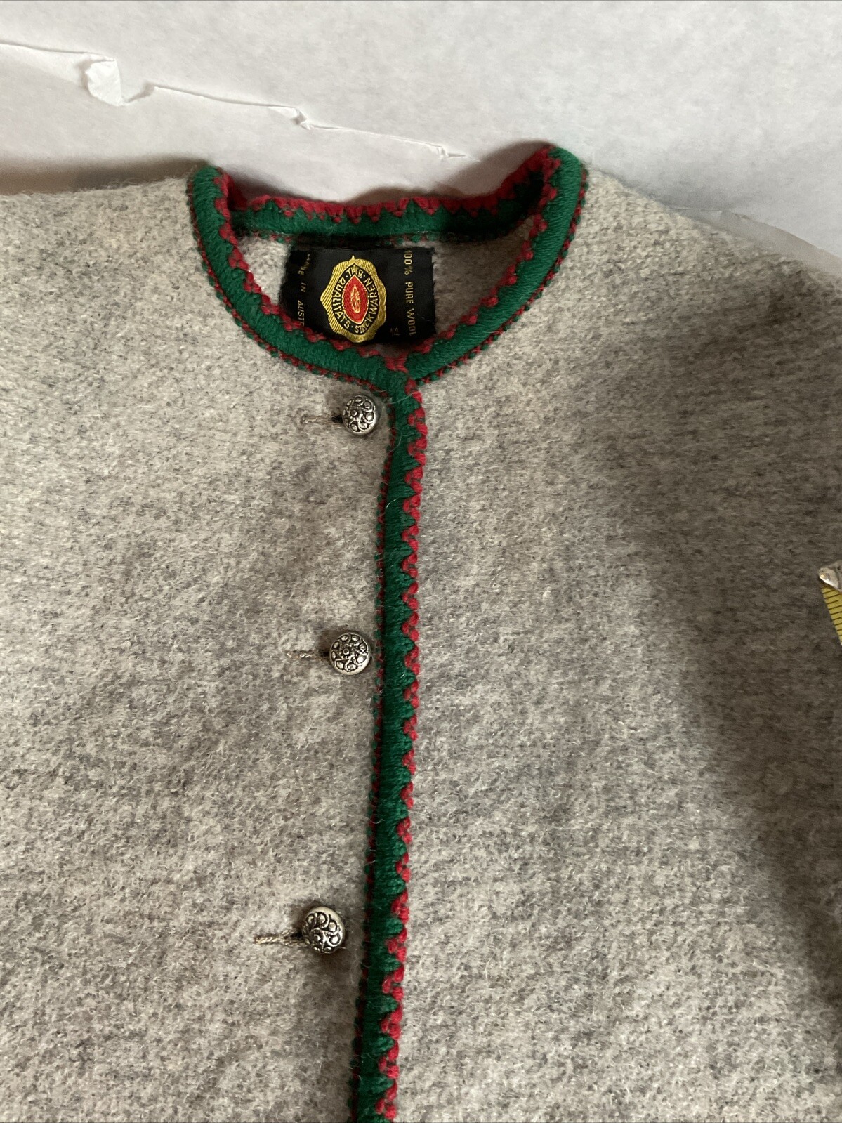 Vintage 1960s Austria Boiled Wool Cardigan Size XS/S Gray Red Green