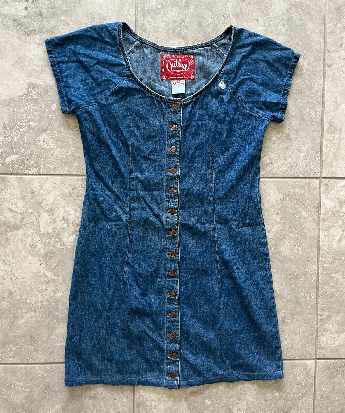 Outlaw Vtg Western Short Sleeve Blue Jean Button Denim Mini Dress Sz 11 M Y2K