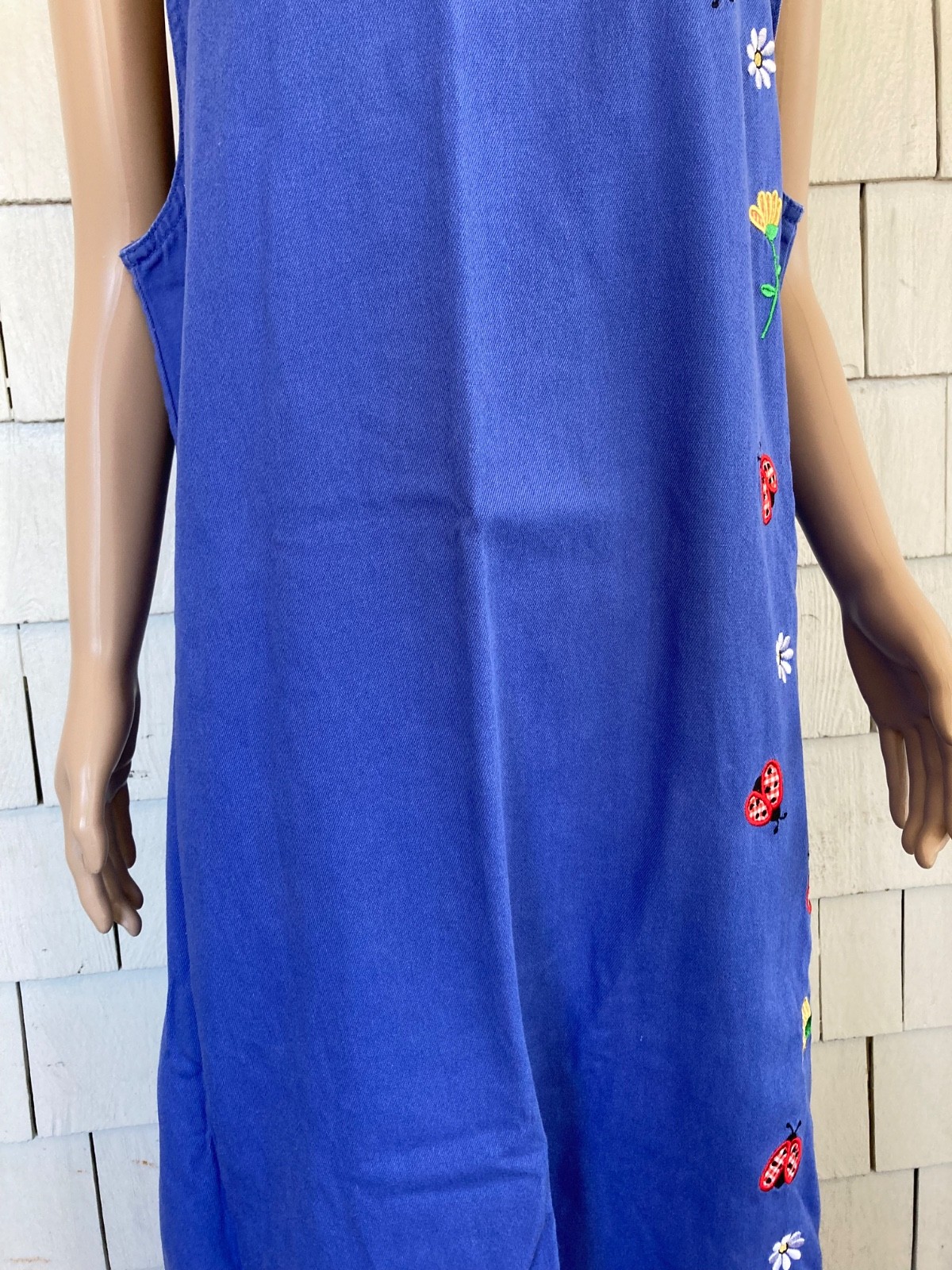 Vintage Boho Mandal Bay Maxi Dress with Embroidered Flowers Ladybugs Size Large