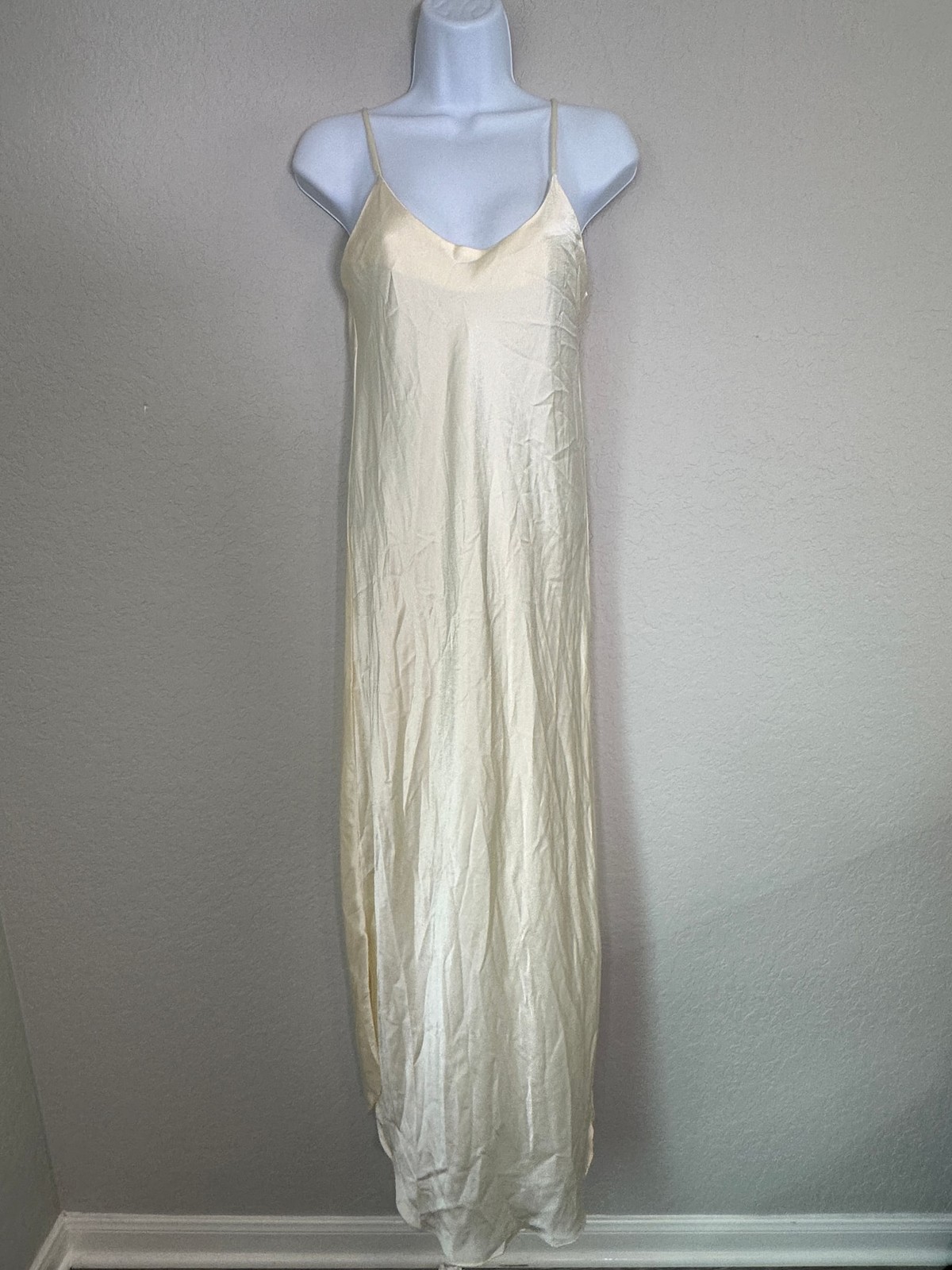 Vintage Mae Dear Paris NY Ivory Cream Satin Slip Maxi Dress Size P Petite ILGWU
