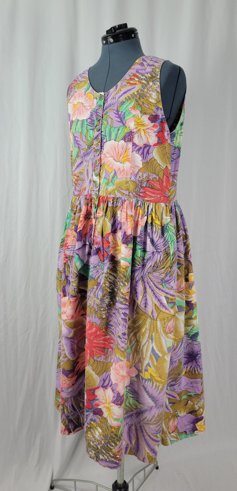 Vintage Erika Pink/Purp/Green/Tan Tropical Floral Print Jumper w Pockets Size L
