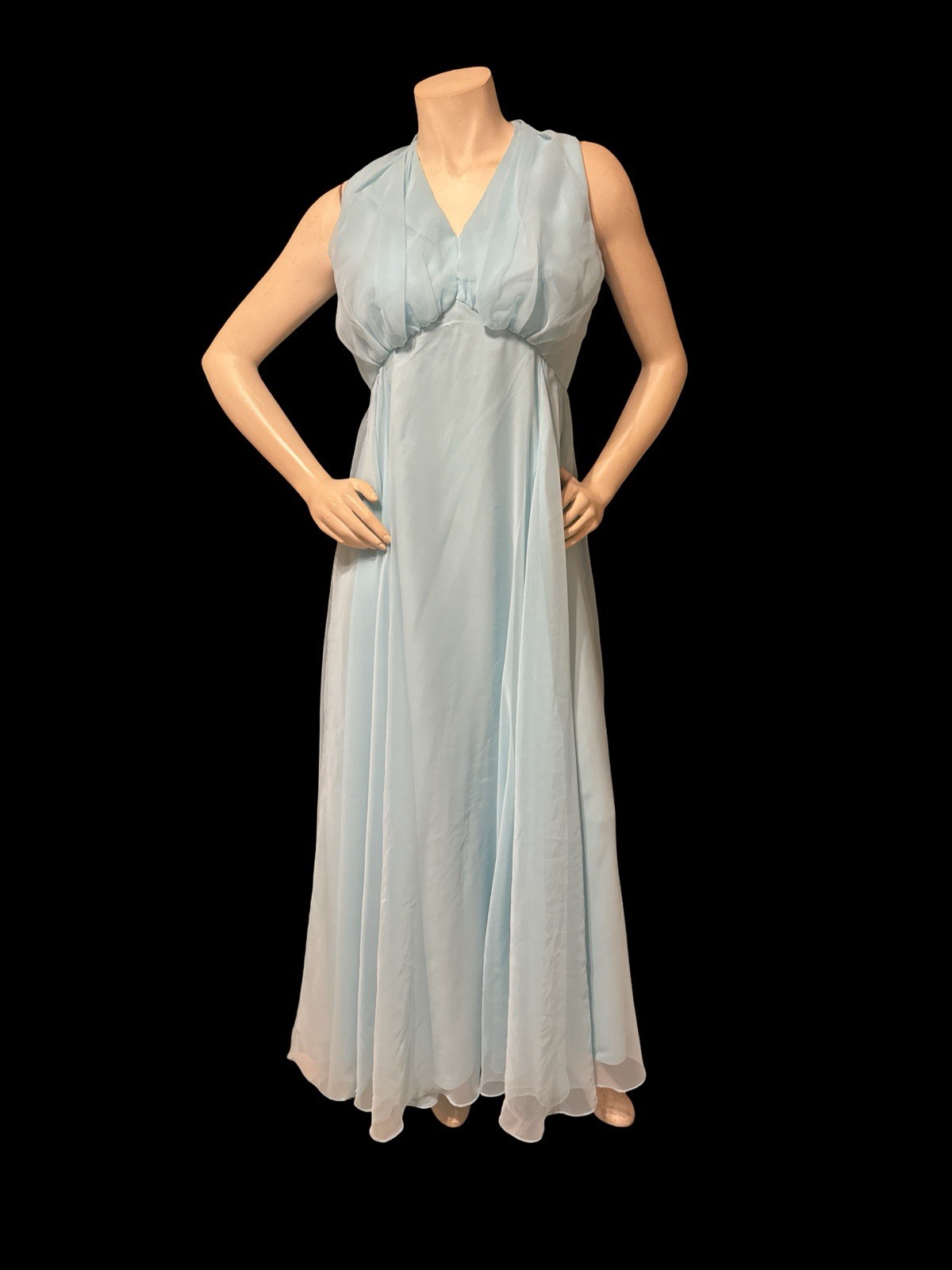 1970s Blue Chiffon Hostess Maxi Dress Empire Waist Cape Overlay MIL Dress 14 VTG