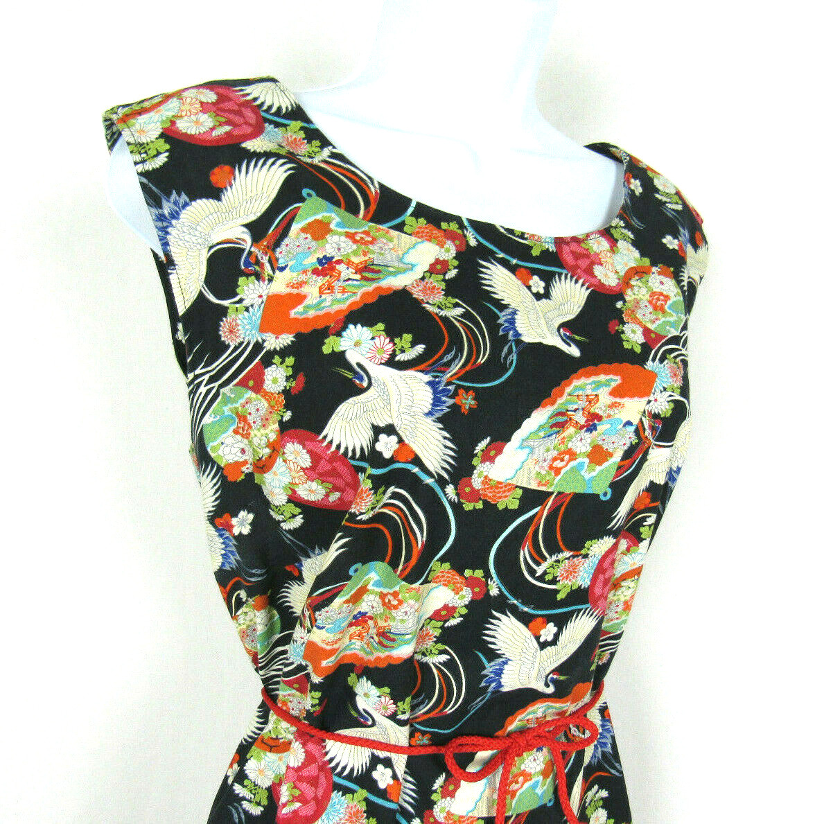 VTG 1960s 70s JAPANESE FLORAL DRESS FANS EGRETS SLEEVELESS ROPE BELT COTTON BLND