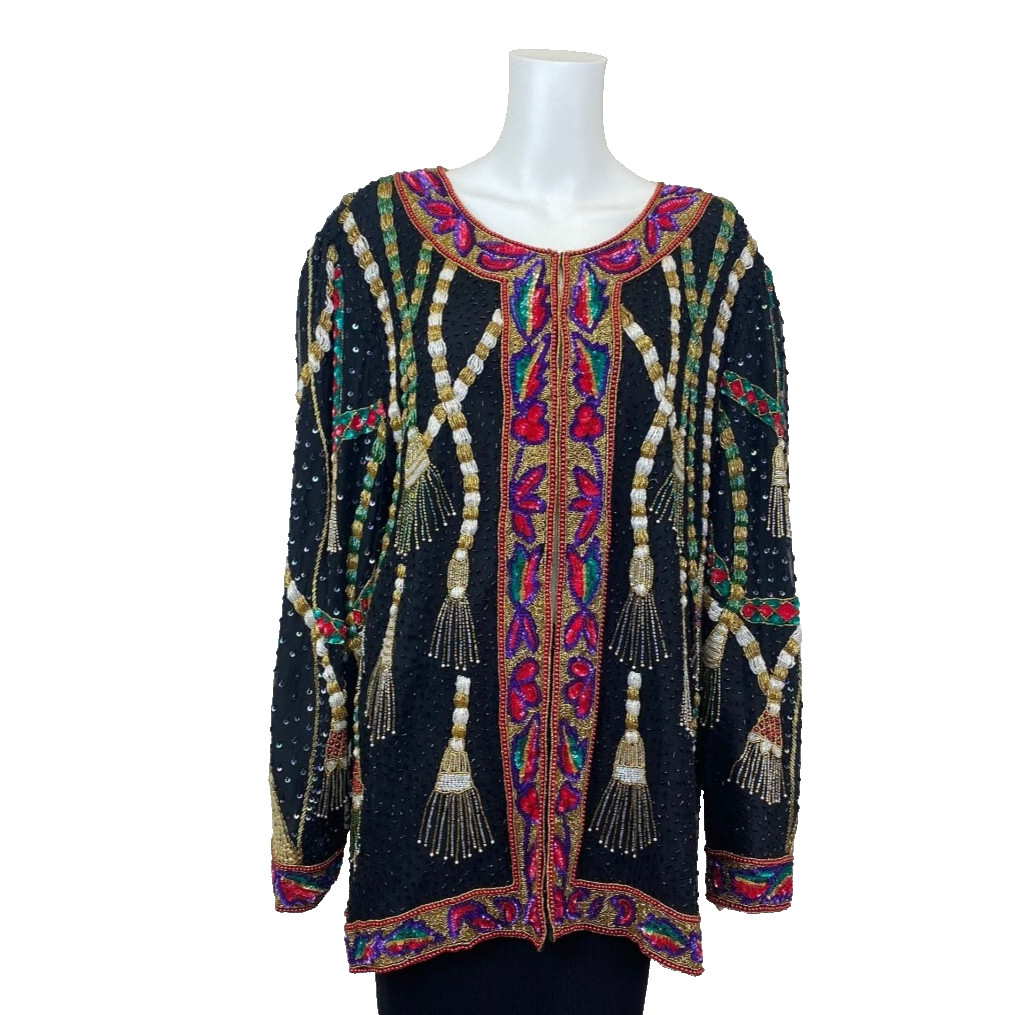 Vintage 1980s Silk Sequins Beaded Jacket Tassel Design Party Top New Years Eve