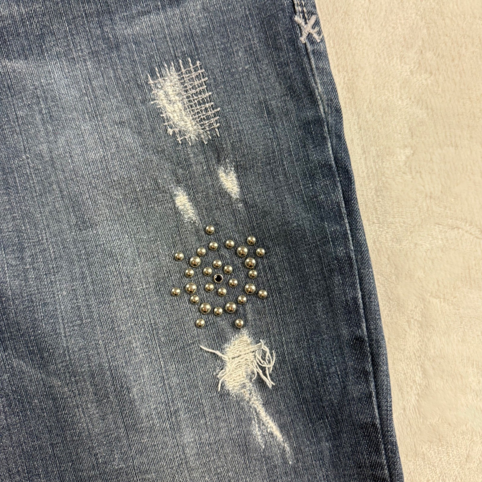 Vintage Guess Bootcut Jeans Womens 32 Blue Distressed Studded Pocket Y2K Indie