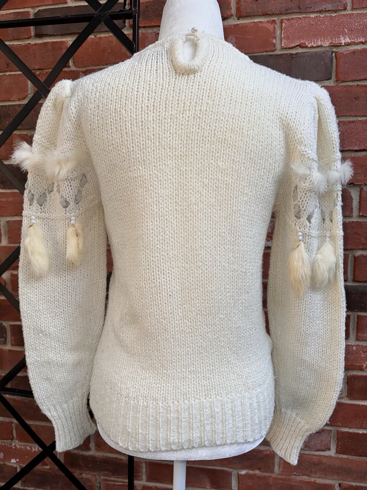 Vintage 1970s-80s Ivory Sweater With Leather Trim & Rabbit Fur Tassels Size XS-S
