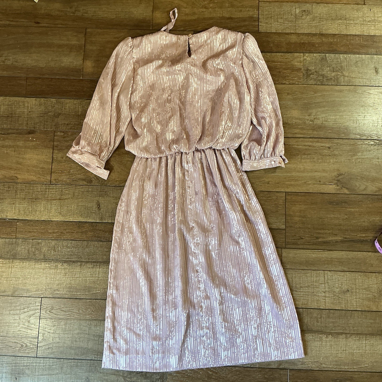 VINTAGE Size 12 Lady Carol Pink Shimmery Midi Dress Long Sleeve USA Made #35708