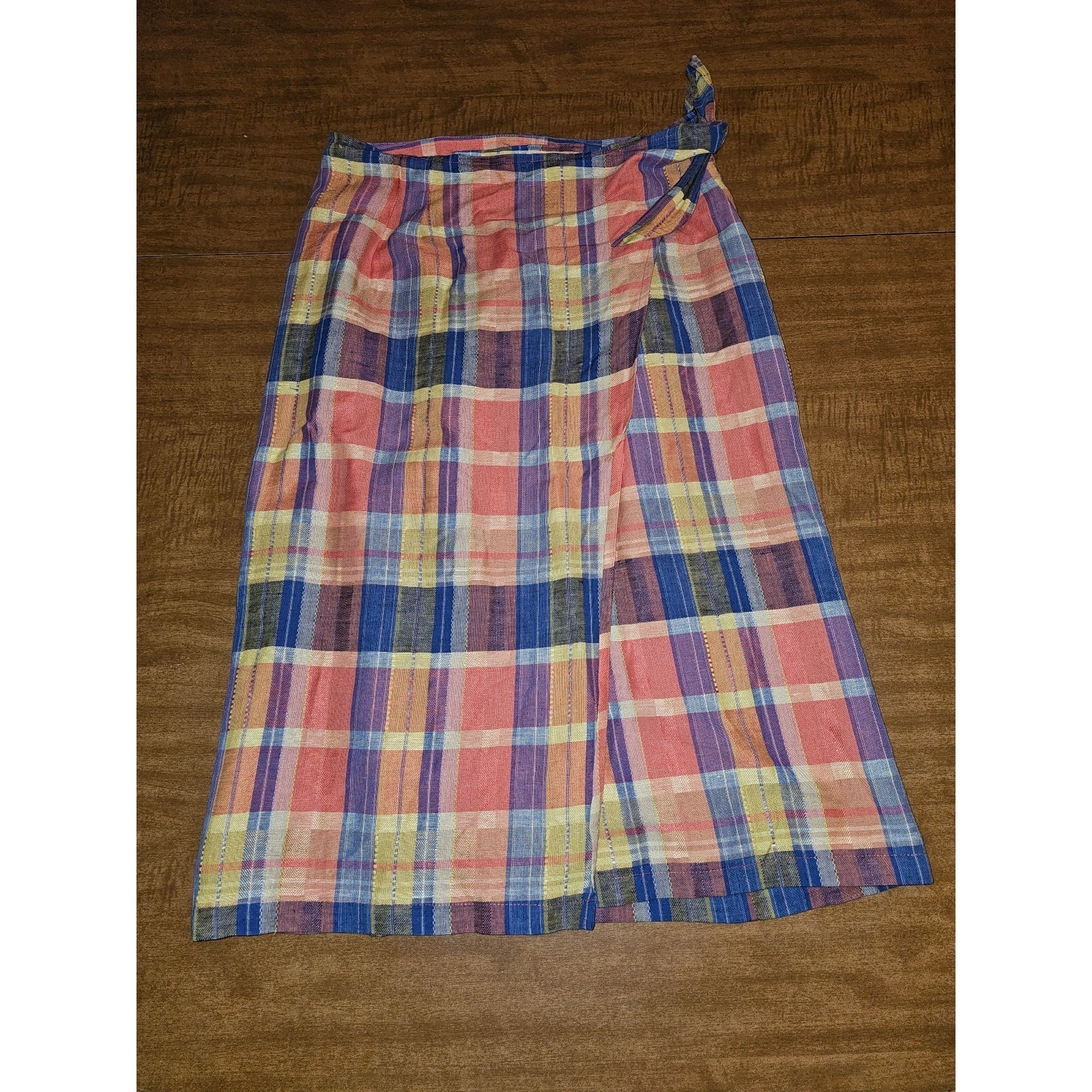 Vintage 80s 90s Neiman Marcus Wrap A-Line Midi Skirt Plaid 8 S M Madras Linen D5