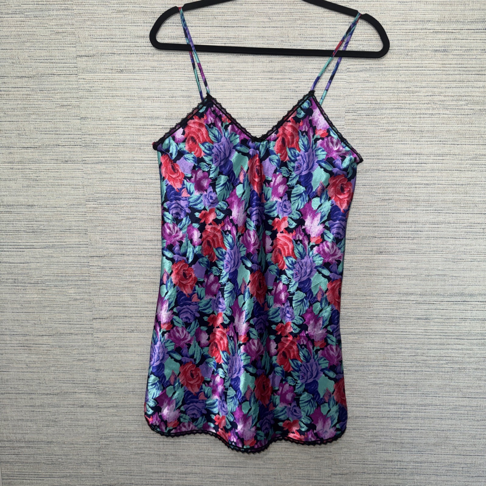 Vintage Floral Satin Slip Nightgown Vibrant Rose Floral Black Lace Trimmed