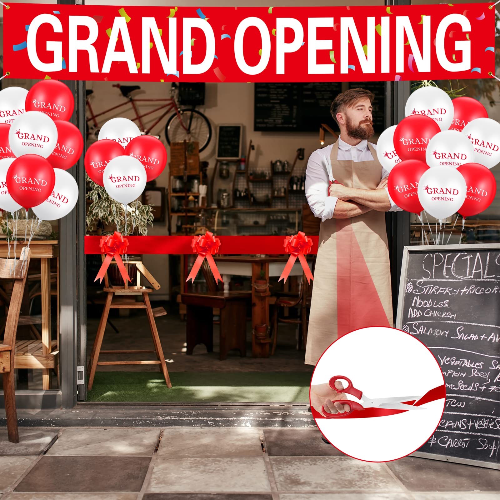 Grand Opening Ceremony Kit, Banner, Balloons, Scissors, Ribbon, Bows