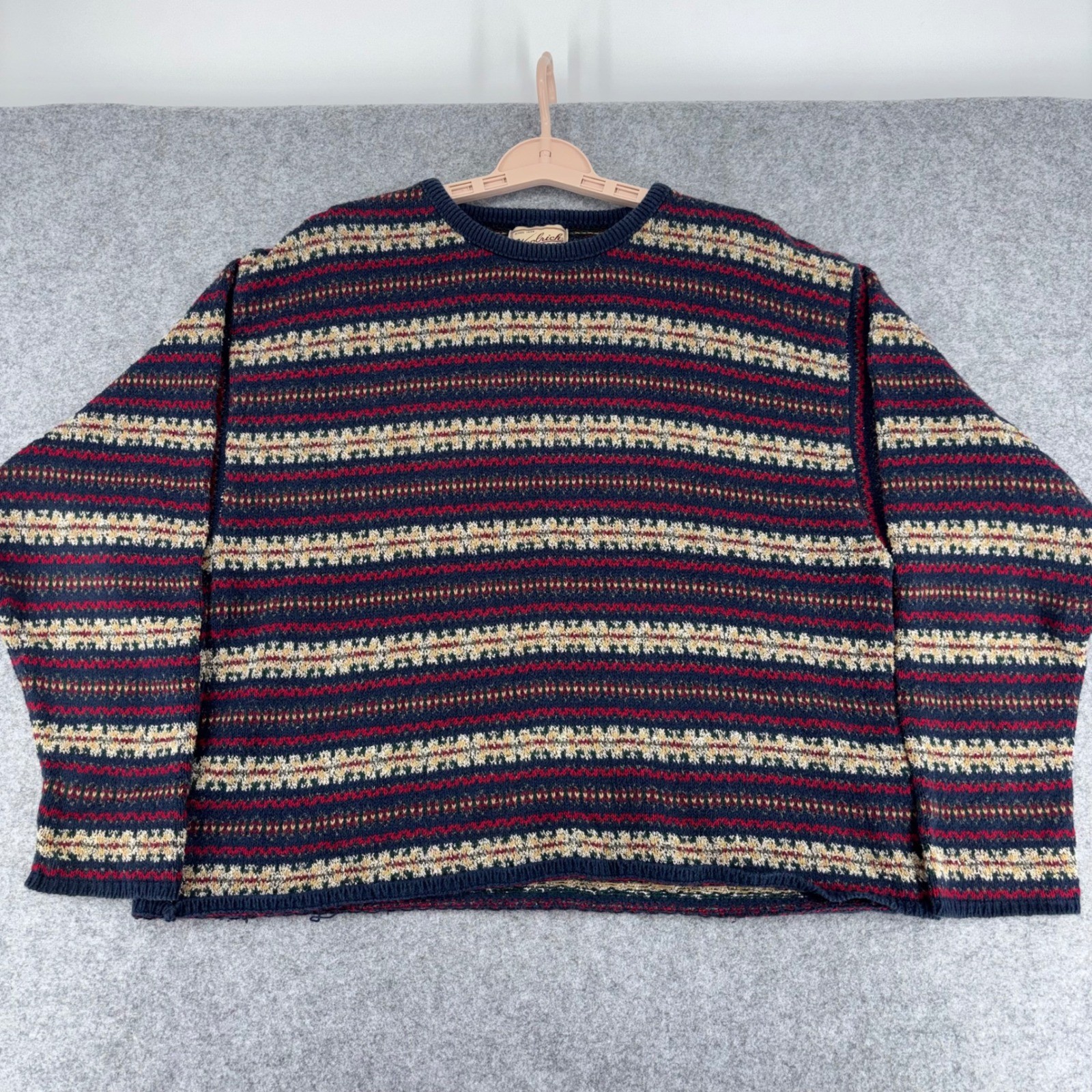 Woolrich Vintage USA Made Fair Isle Knit Sweater Navy Red Tan Womens Large