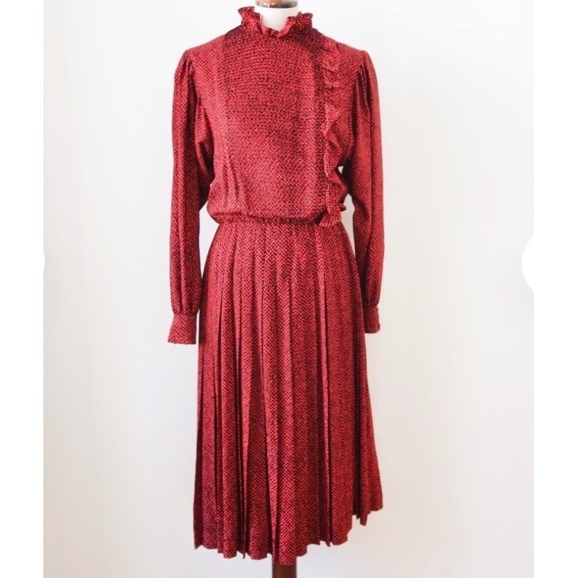 80s Vintage Albert Nipon 100% Silk Red Black Pleated Ruffle Midi Dress 8
