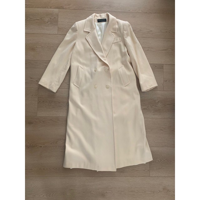 Alorna Vintage Cream Wool Long Coat Double Breasted Pleated Back Made in USA L