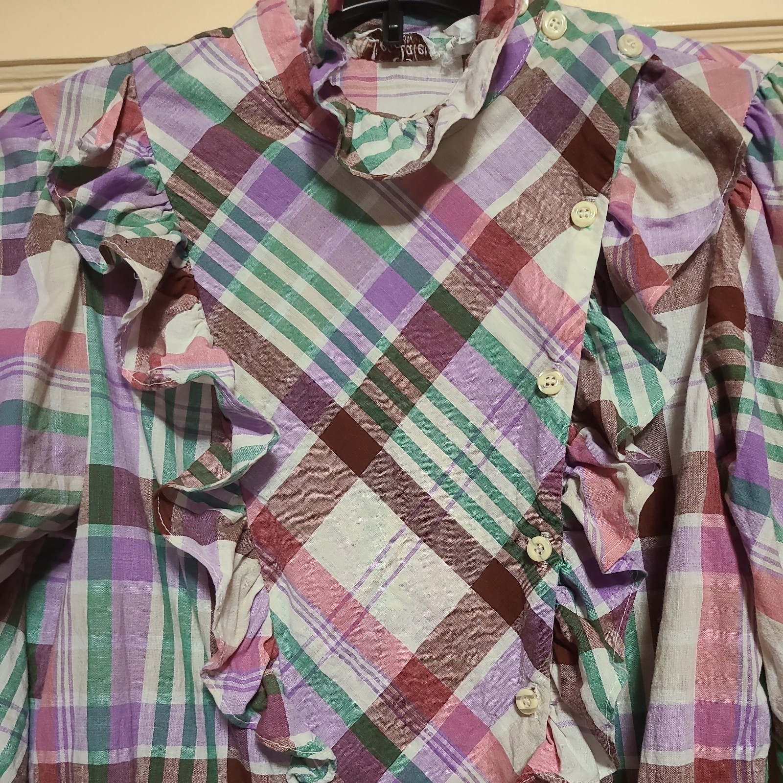 Vintage Early 80’s Women’s Plaid Madras Prarie Blouse LEO PALEY NY – Sz L 14