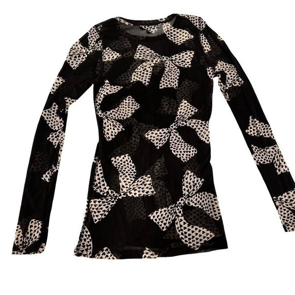 🎀 VINTAGE Karen Kane Mesh Bow Print Top M Made in USA EUC