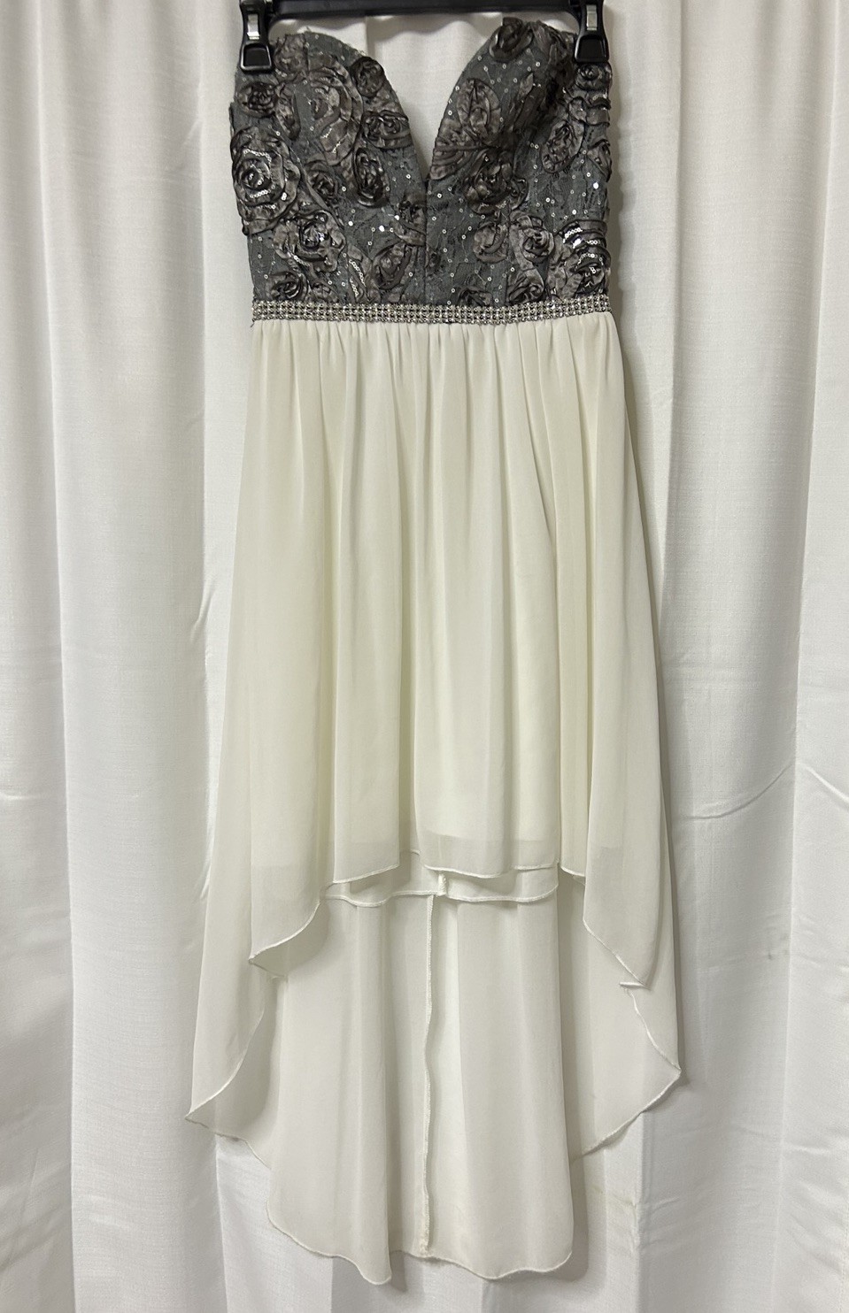 Vintage Deb Formal Prom Dress Hi Lo Sequin Strapless Silver White Y2K 3