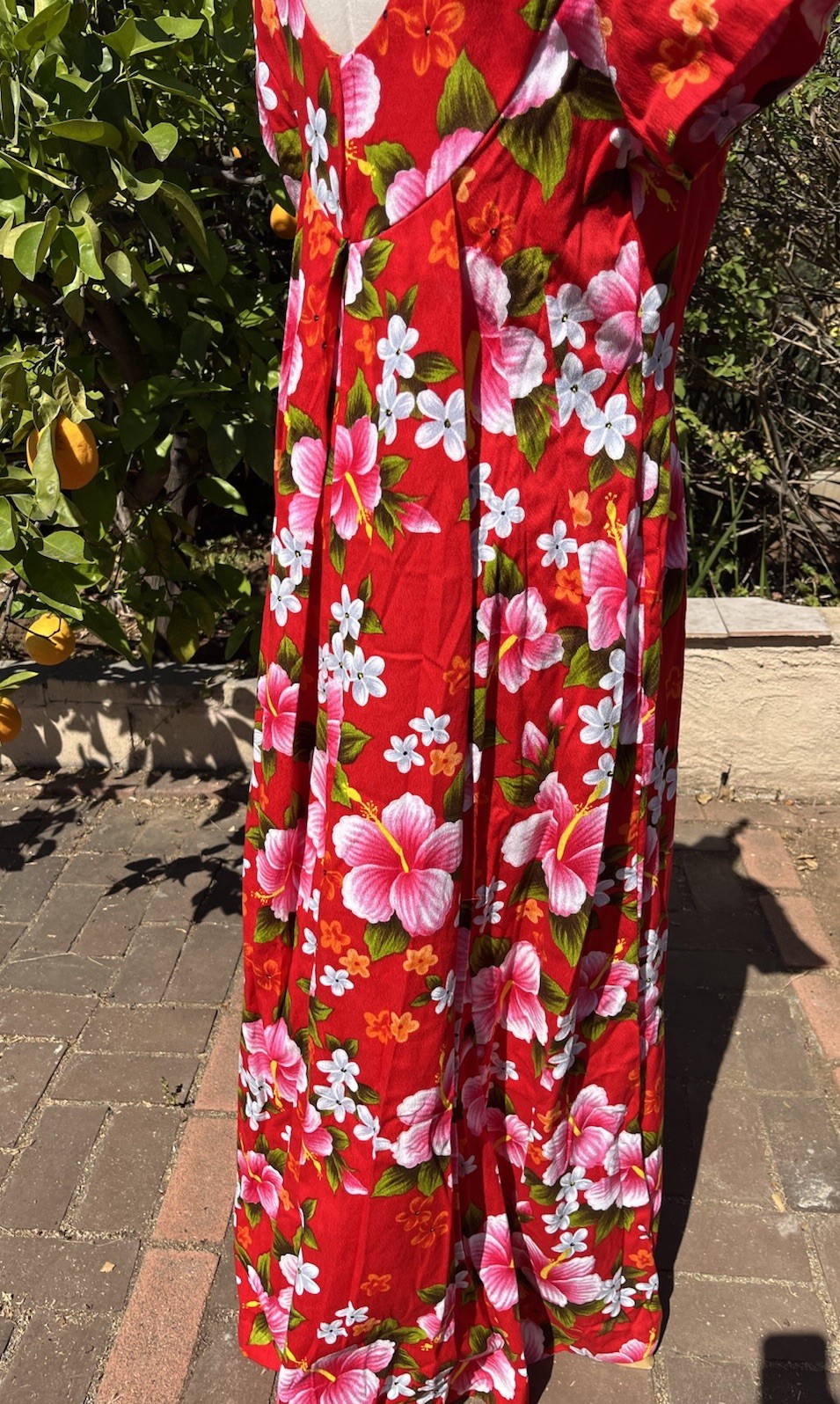Vintage 60s 50s Ui-Maikai Red Hawaiian Maxi Dress Pink Hibiscus Floral Cotton LG