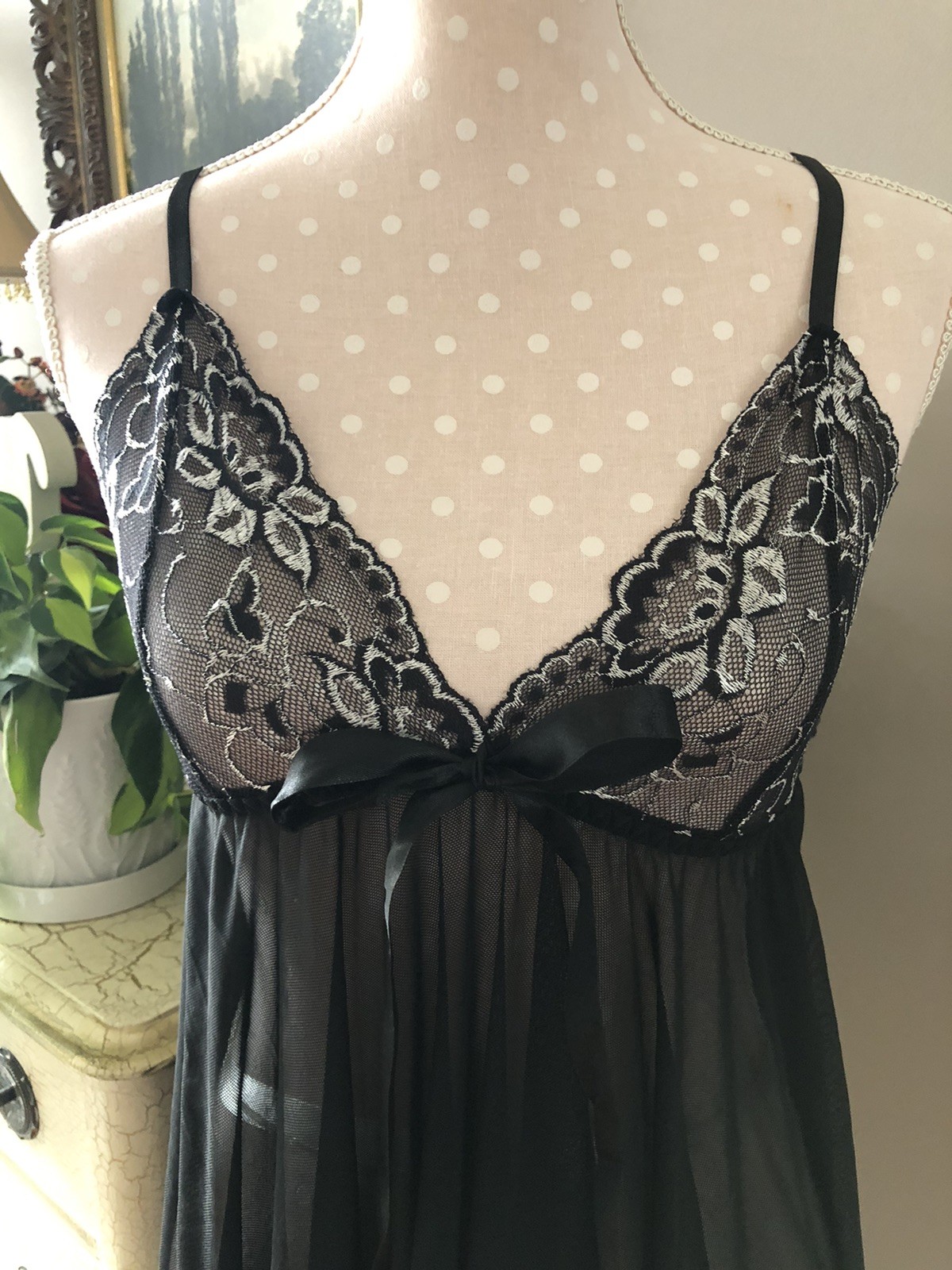 Black Babydoll Nightie Nightgown Sexy Full Sweep Skirt W/Silver Accents Size 3XL