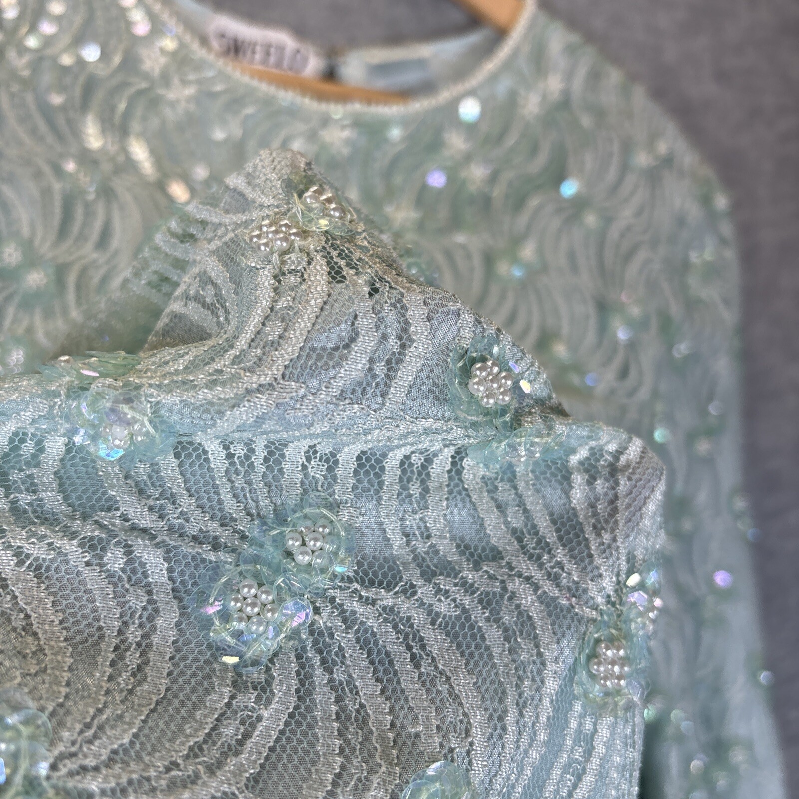 Vintage Top L Green Sequin Beaded Fairycore Artsy Lace Sheer Lined Party Blouse