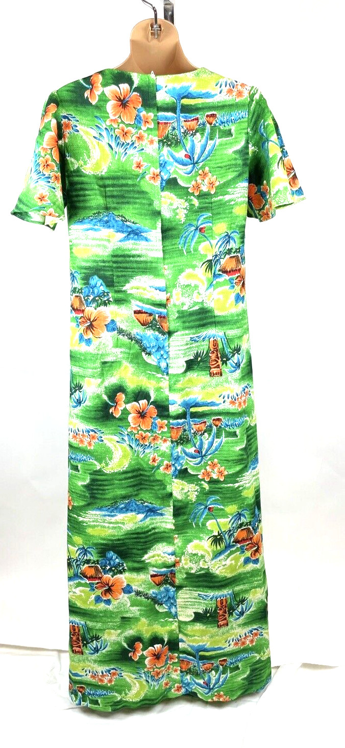 Vintage Hawaiian Dress Size 12 Large Tropical Green Floral Maxi Barkcloth