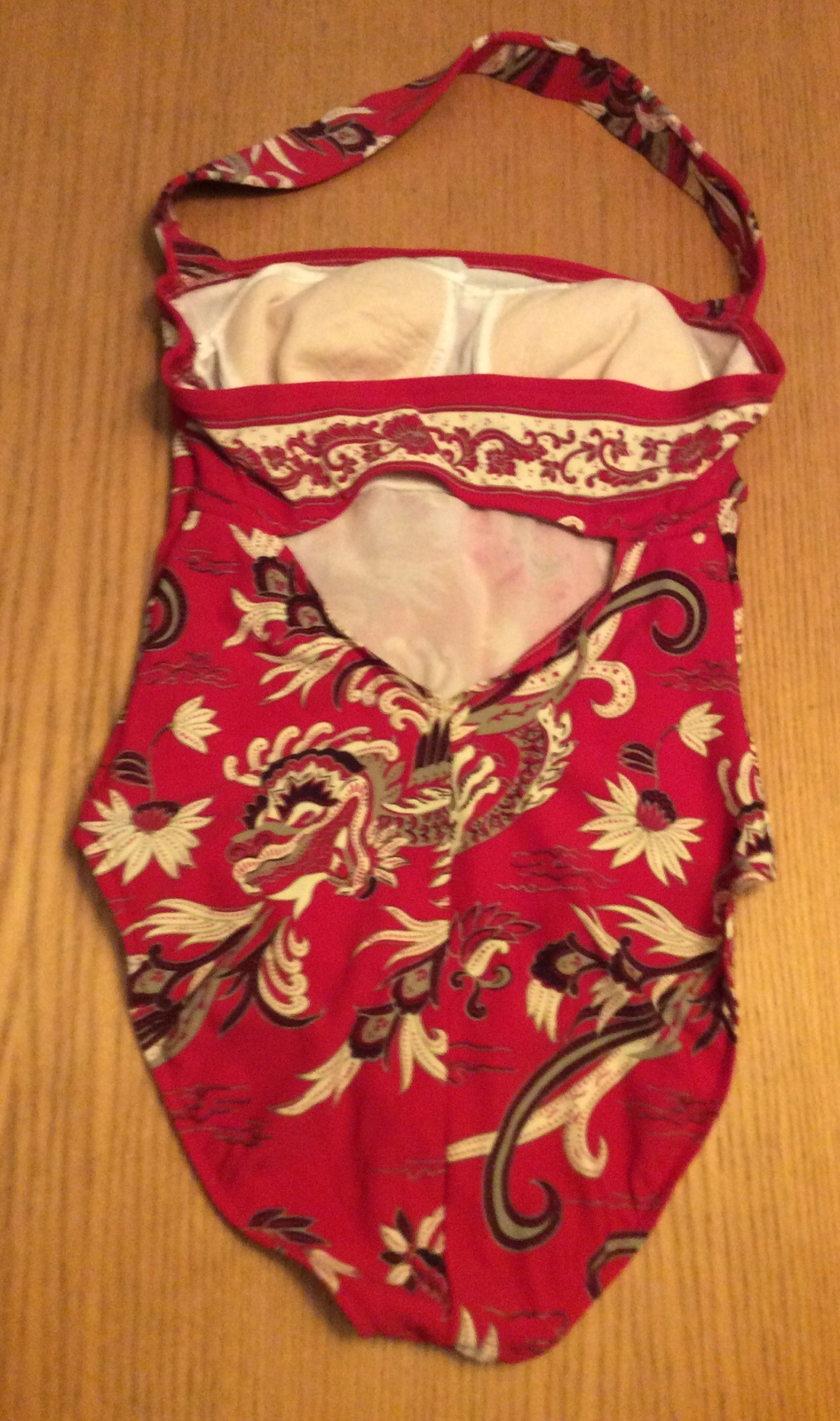 VTG Jantzen Red Multicolor Asian Print One Piece Halter Swimsuit Sz 14 Beach USA
