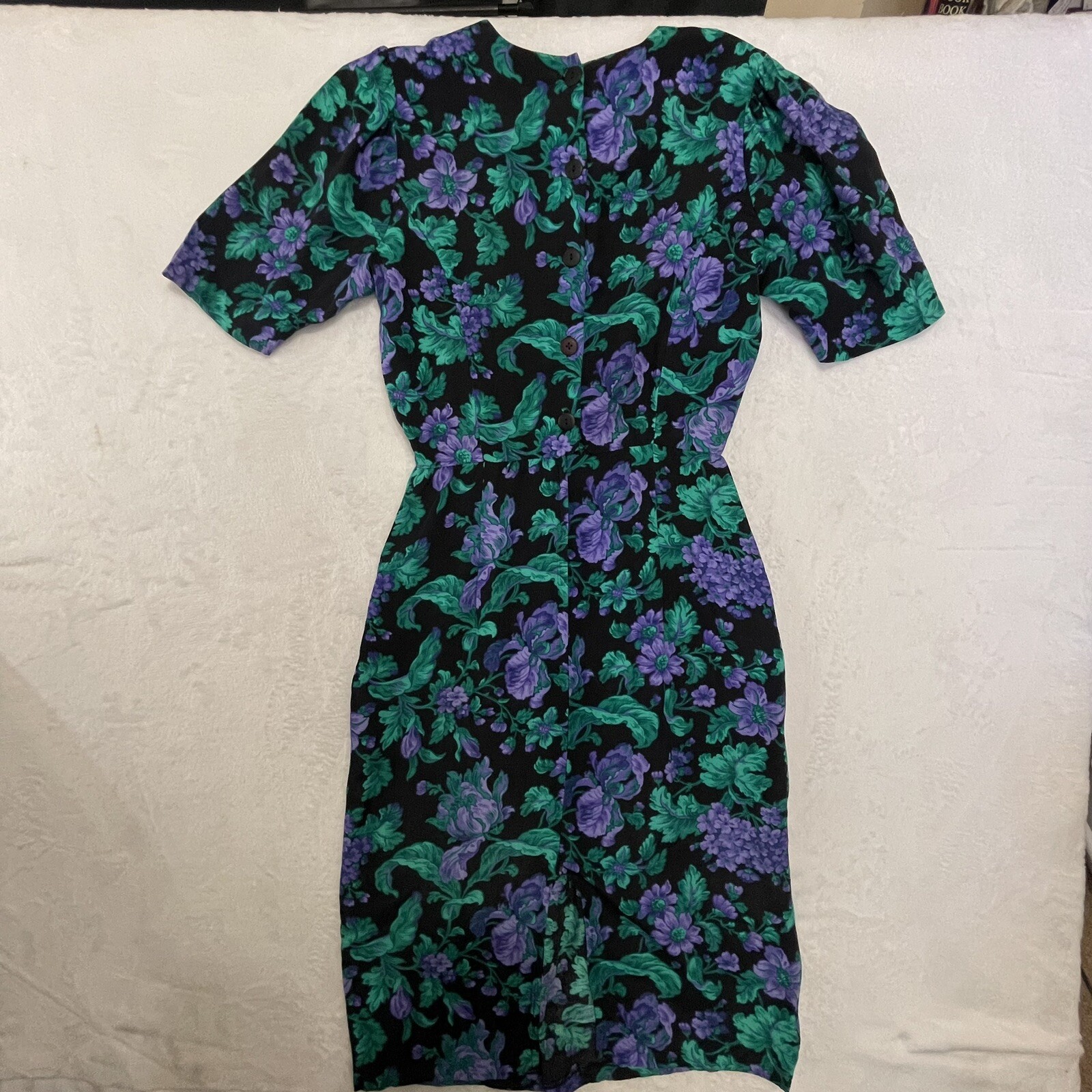 Vintage Ansley Midi Dress Black w/ Purple Flowers Pockets 80s 90s Made USA READ