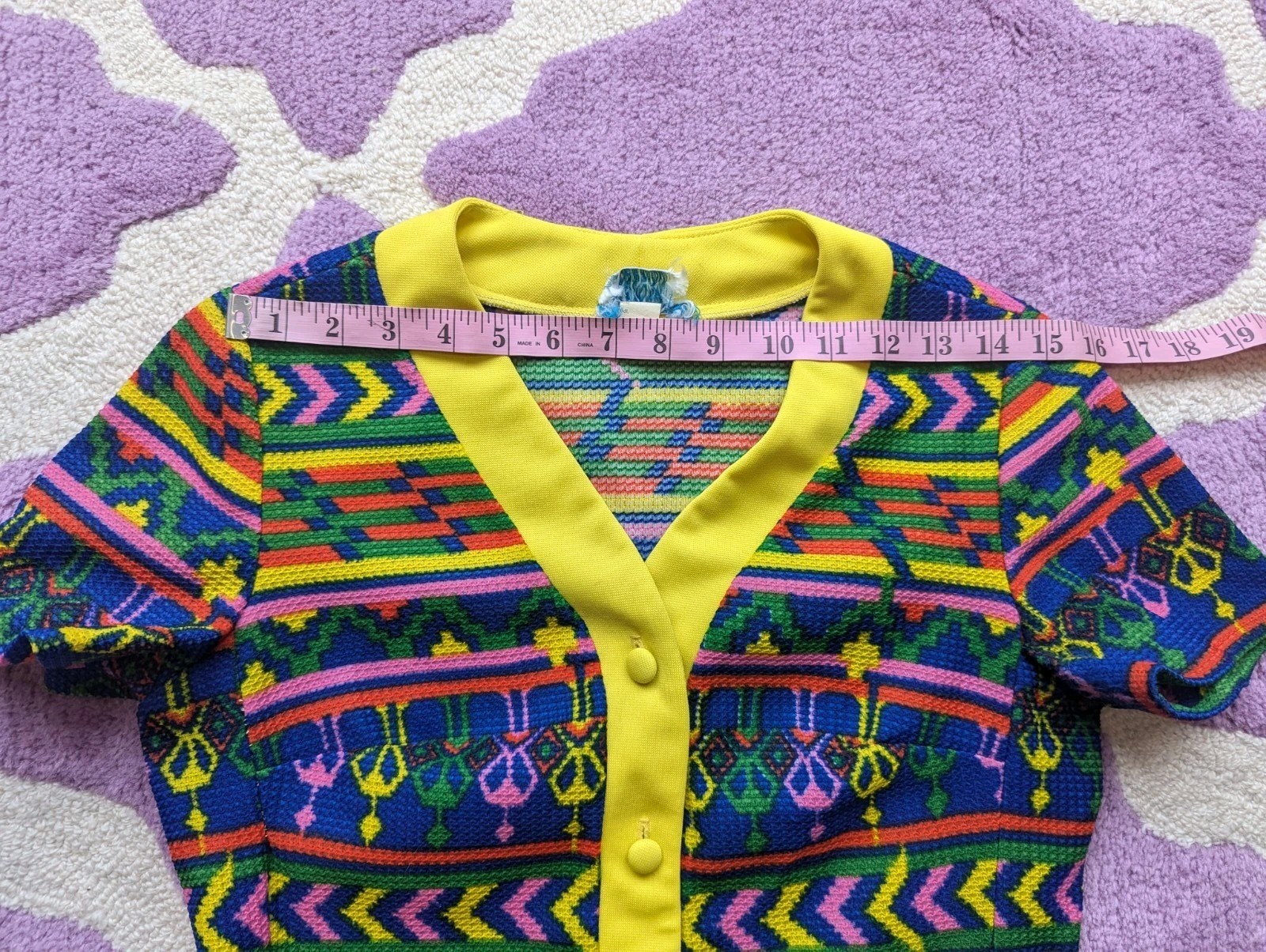 Vintage 70’s Hippie Funky Novelty Neon Rainbow Yellow Poly Tunic Top Size S/M
