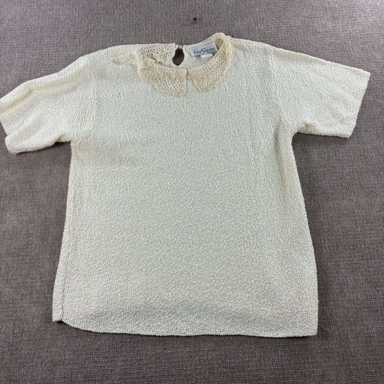 Knit Stitches Womens Cream Boucle 2 Piece Set Lace Pearl Collar Cardigan Top USA