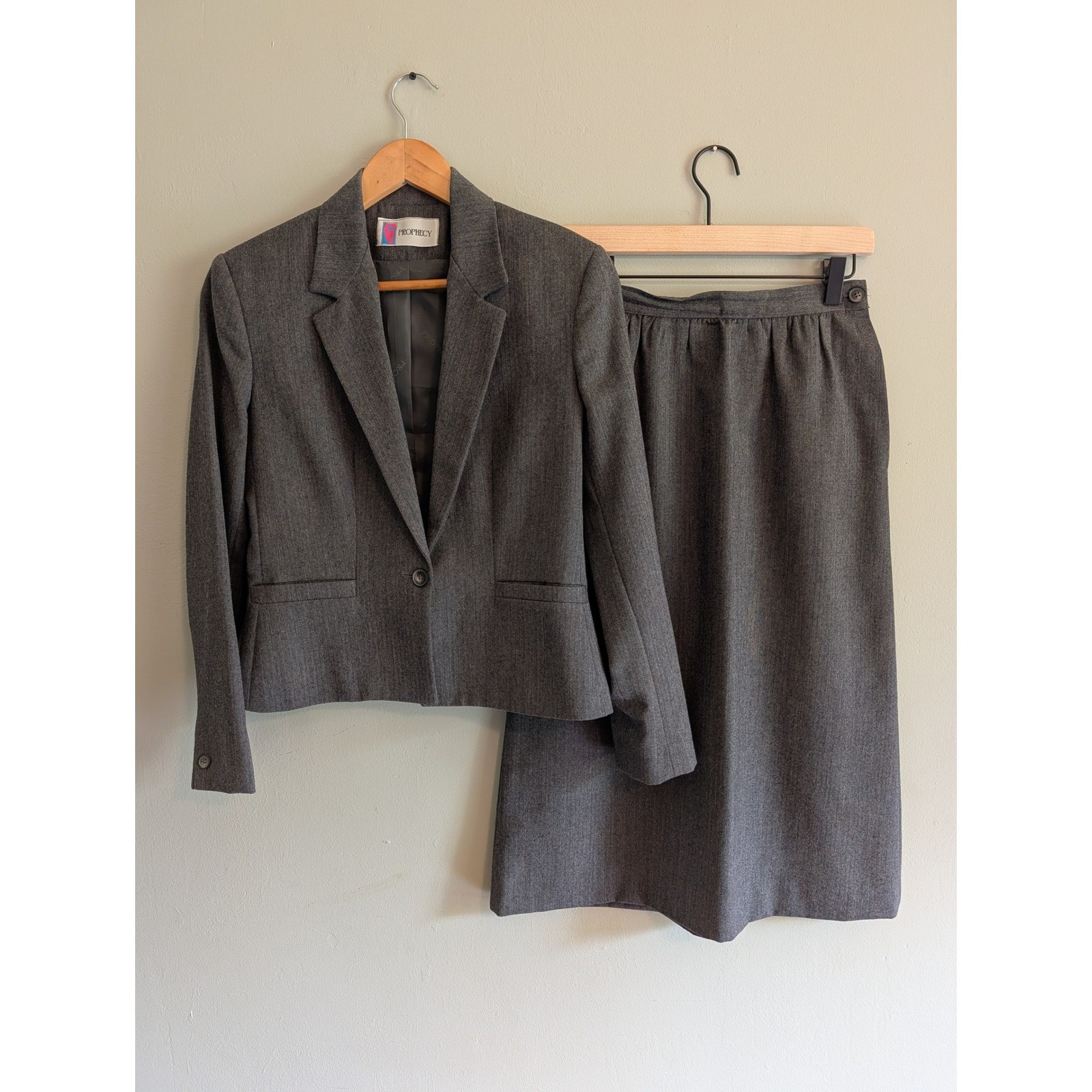 Vintage Prophecy Grey Herringbone Pure Wool Skirt Suit Set 70s 80s Blazer Midi
