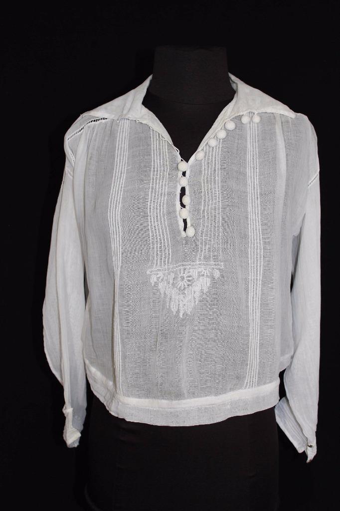 RARE FRENCH EDWARDIAN ERA SHEER WHITE COTTON EMBROIDERED BLOUSE SIZE 38