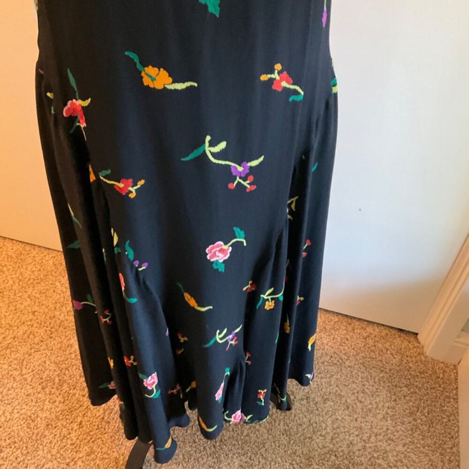Vintage 80’s Norma Kamali Designer black floral racer back tank maxi midi dress