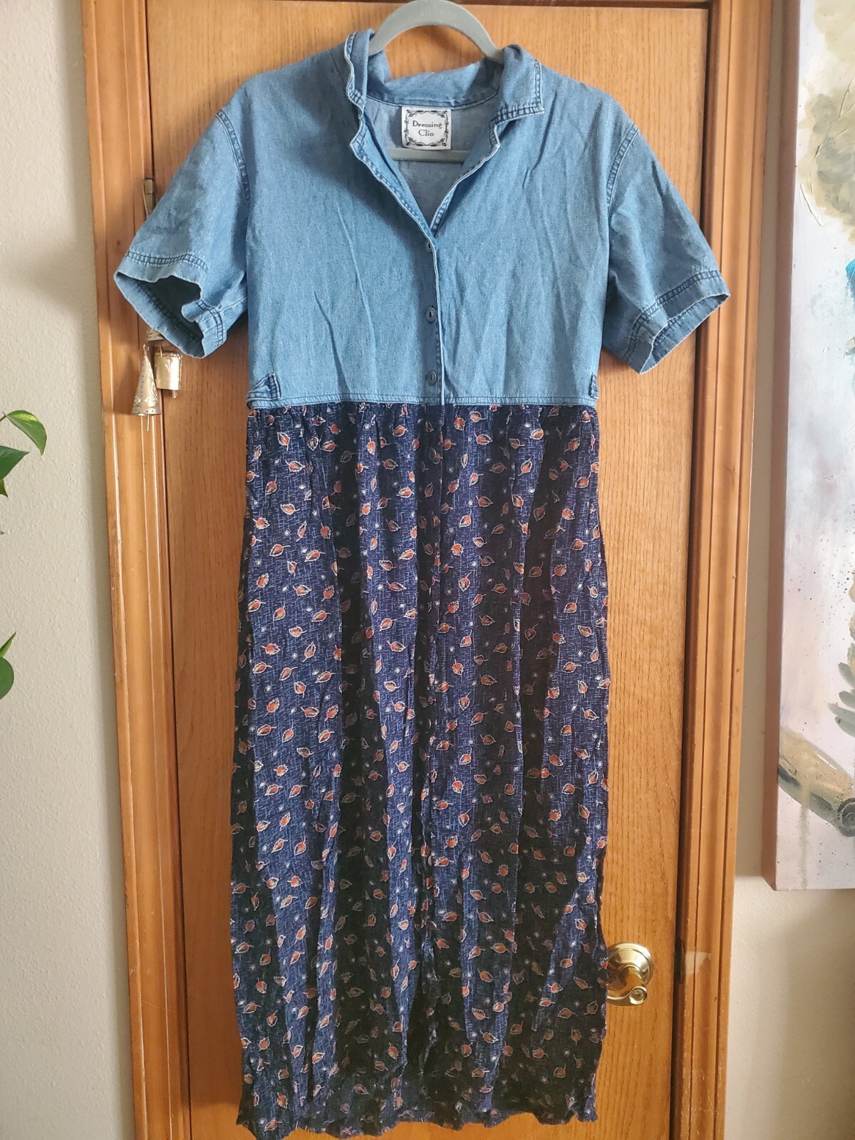 Vtg Y2K Dress M Denim Floral Cottage Core Dressing Clio Button Top