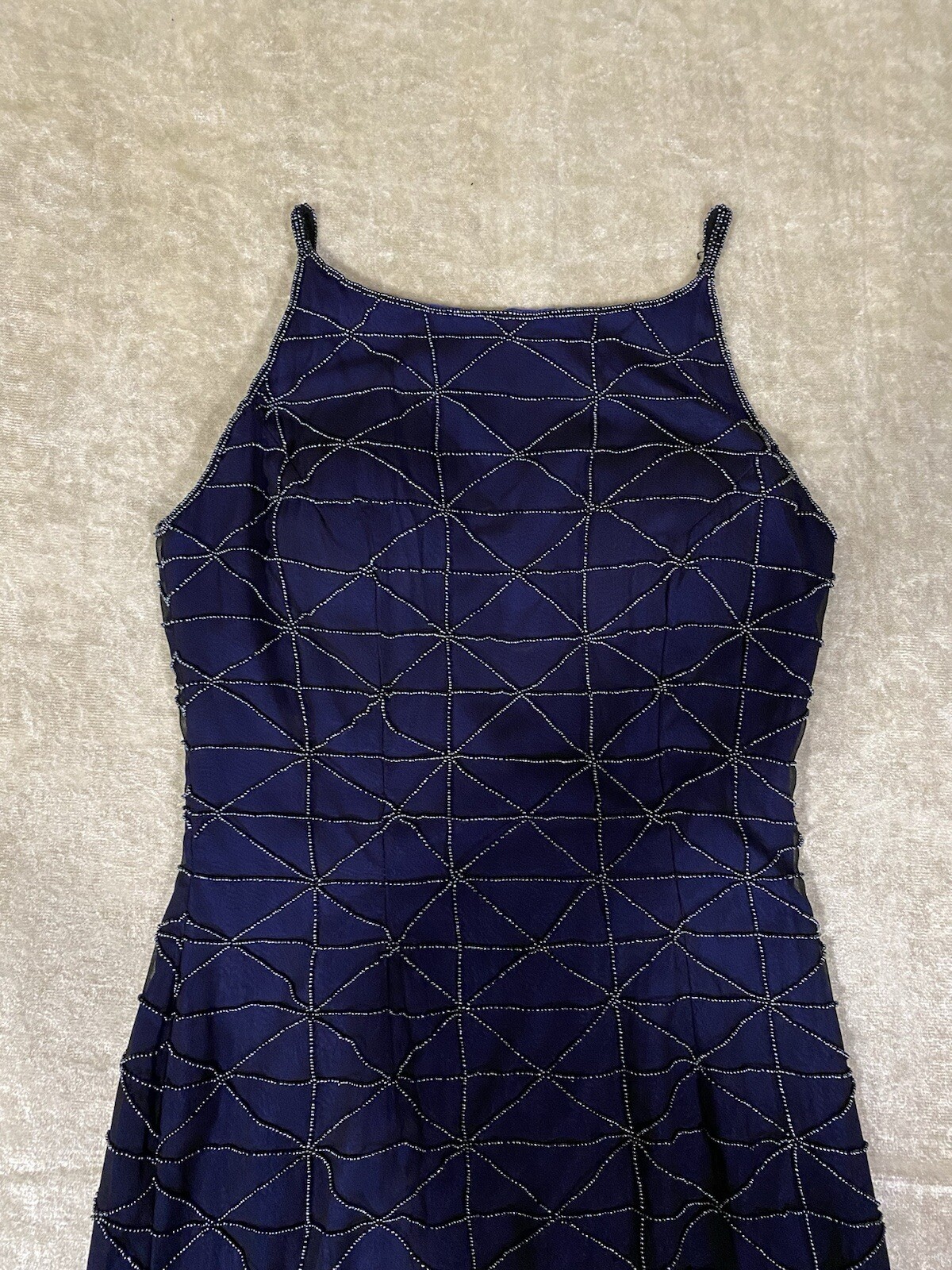 90s Andretta Donatello Beaded Prom Dress Blue Fitted Spaghetti Strap Y2K Small