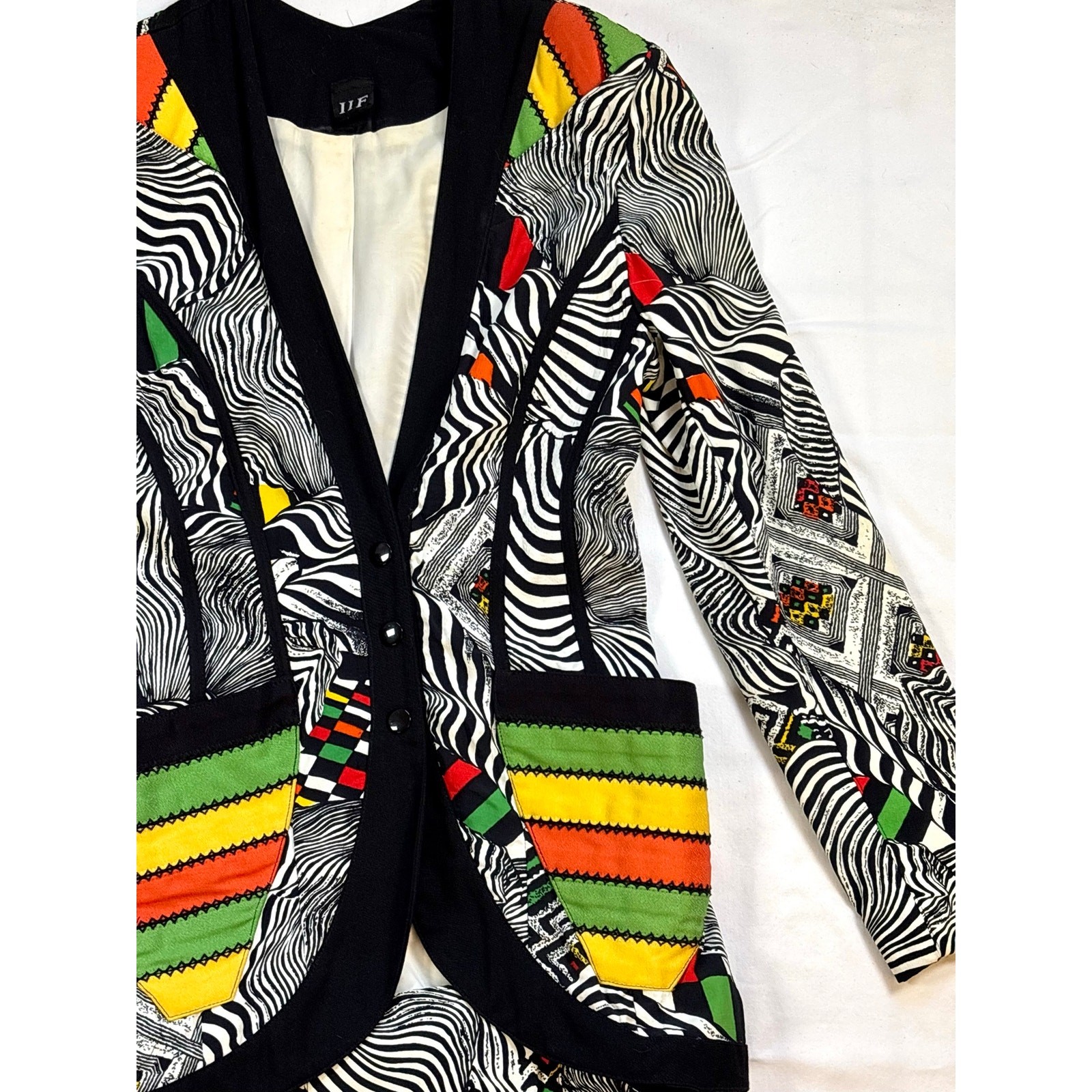 1980s IIF Zebra Geometric Print Skirt Set Blazer Car Wash Fringe Mini Two Piece