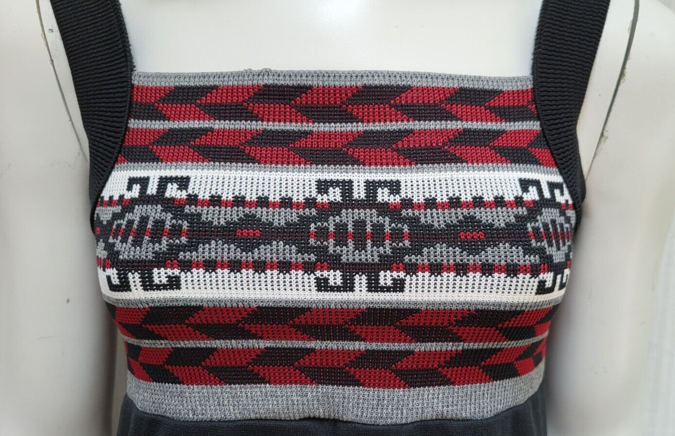 Vintage 1960/70’s Black Red Gray Geo Aztec Knit A-Line Dress – Size XS – EUC