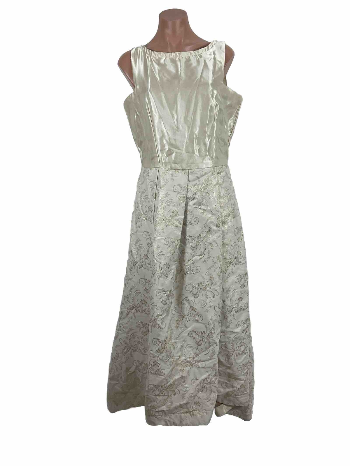 Vintage 60’s Ivory Gold Brocade Full Skirt Dress Drop Pleated Brocade Metallic L