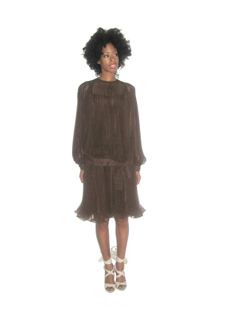 VTG Brown Organza Pleated Blouson Tie Waist Tunic Strappy Dress 2pc Ensemble 12