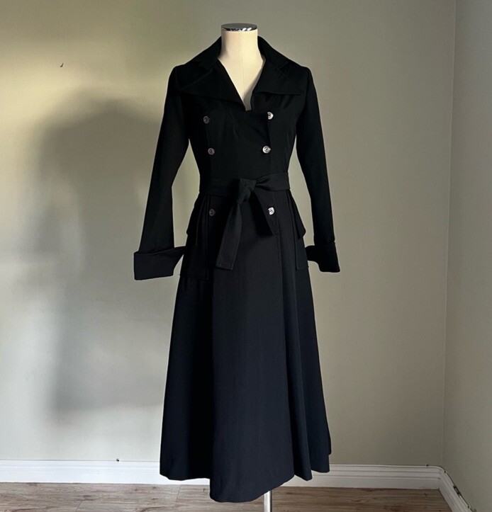 Vintage 60s Ossie Clark Long Coat Black Womens US Sz 4 UK 8 England Made Gothic