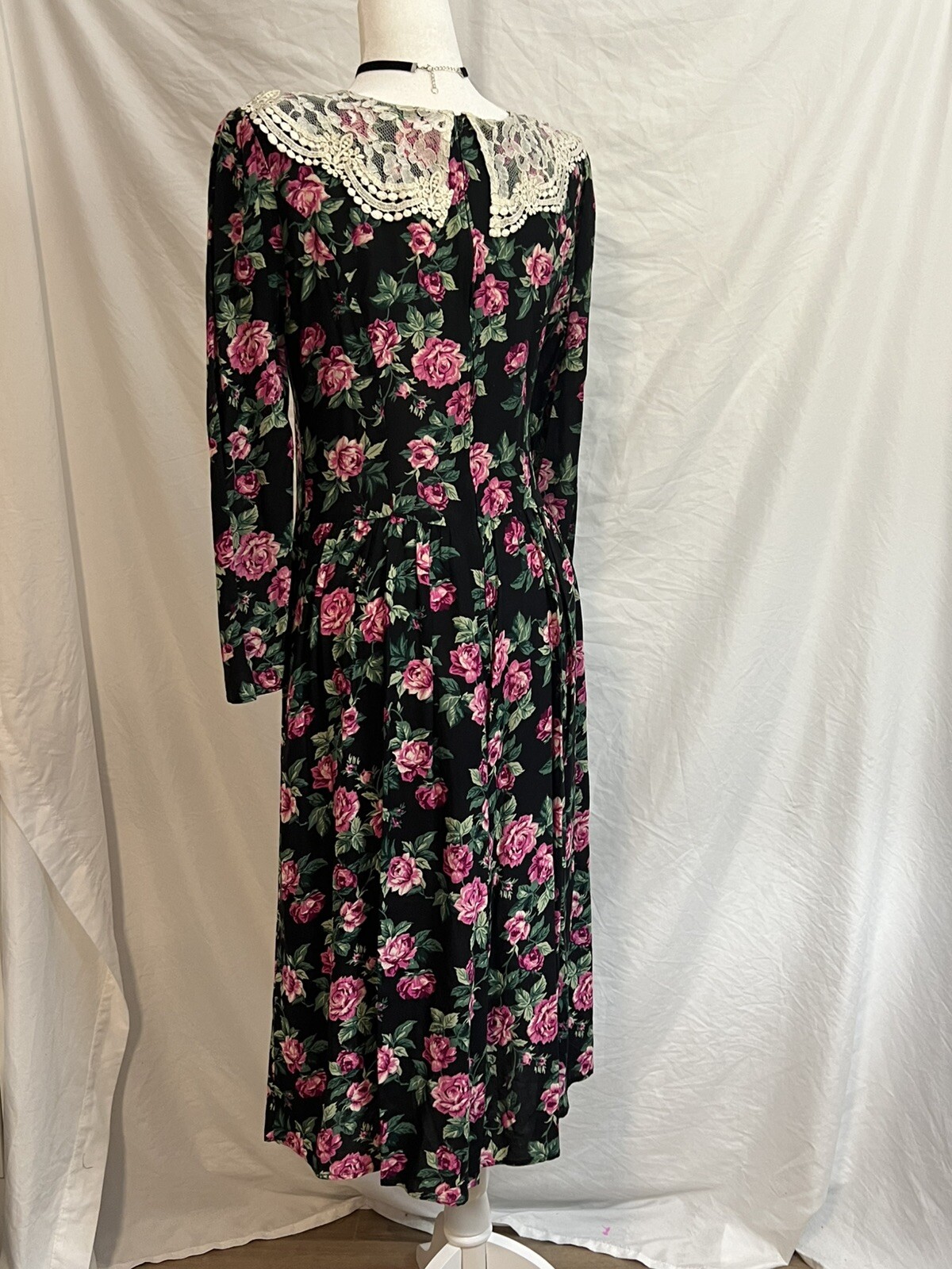 Vtg Rose Dark Floral 80s Dress Lace Gothic Princess Romantic Fairy Whimsigoth